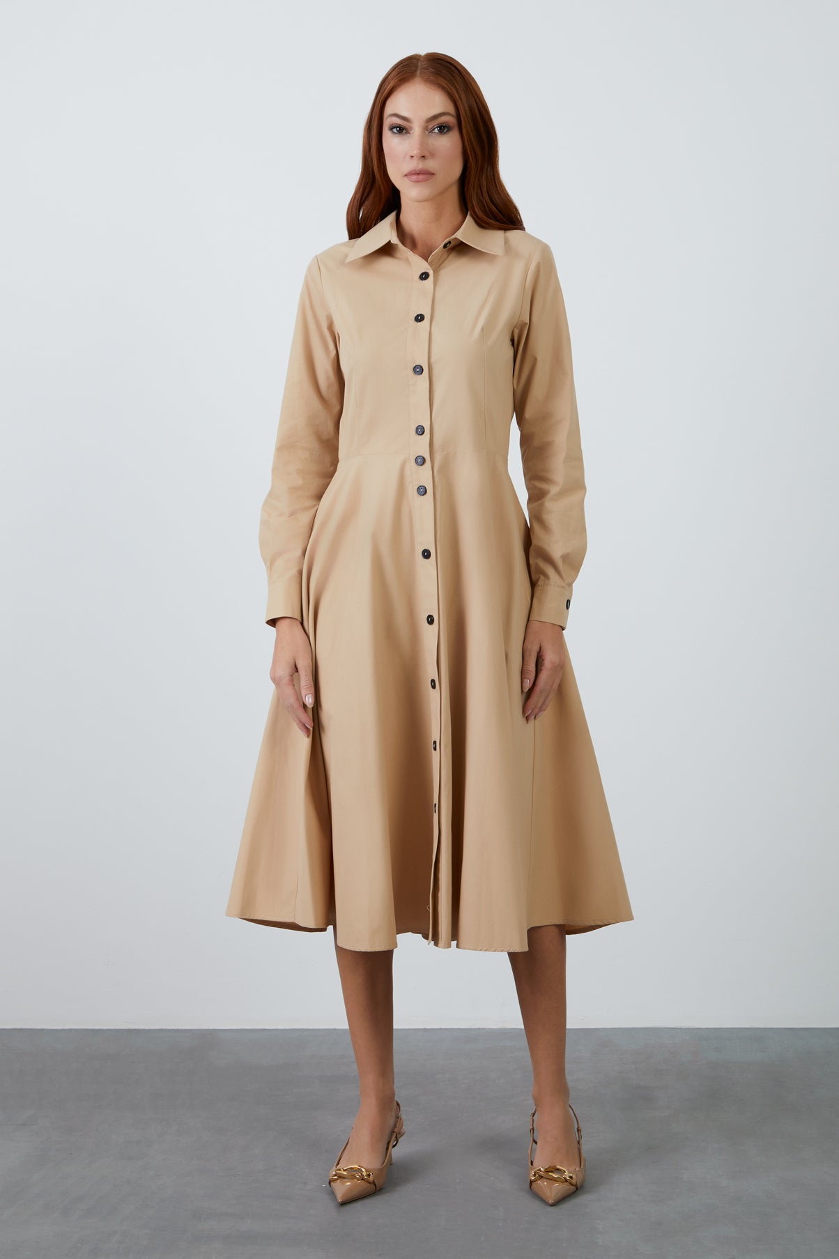 Dik Yaka Midi Boy Kloş Etekli Uzun Kollu Gömlek Elbise