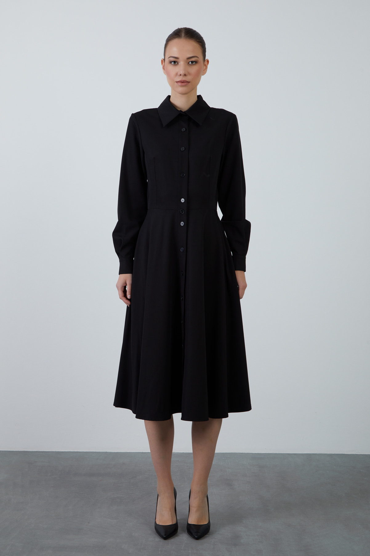 Dik Yaka Midi Boy Kloş Etekli Uzun Kollu Gömlek Elbise