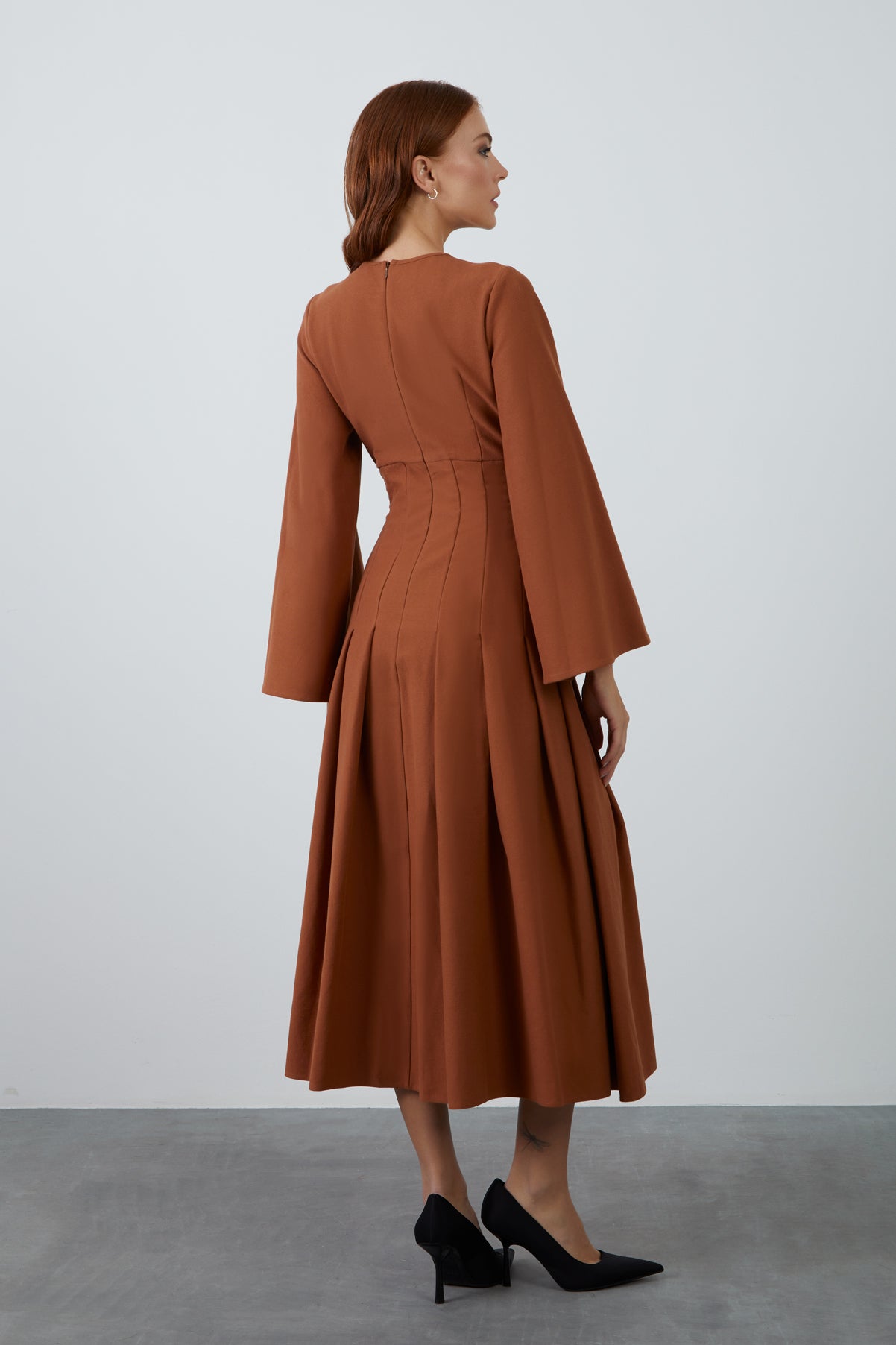 Bisiklet Yaka Midi Boy Taba Elbise