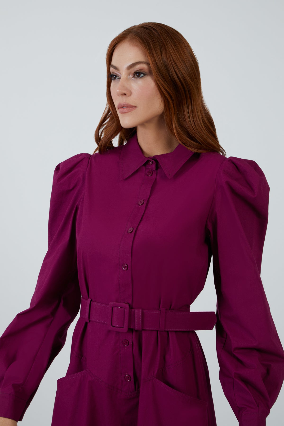 Kemer Detaylı Cepli Uzun Mor Elbise