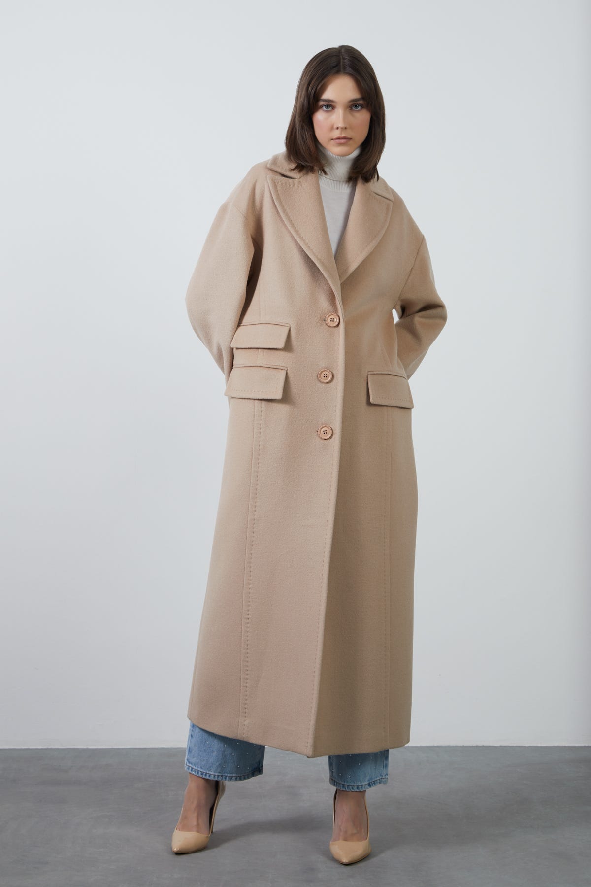 Cep Detaylı İpek Kaşmir Kaban