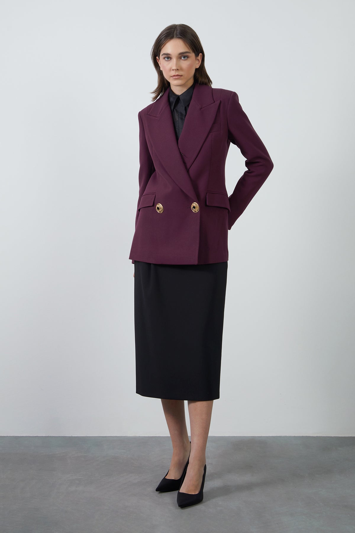 Gold Düğme Detaylı Mürdüm Ceket