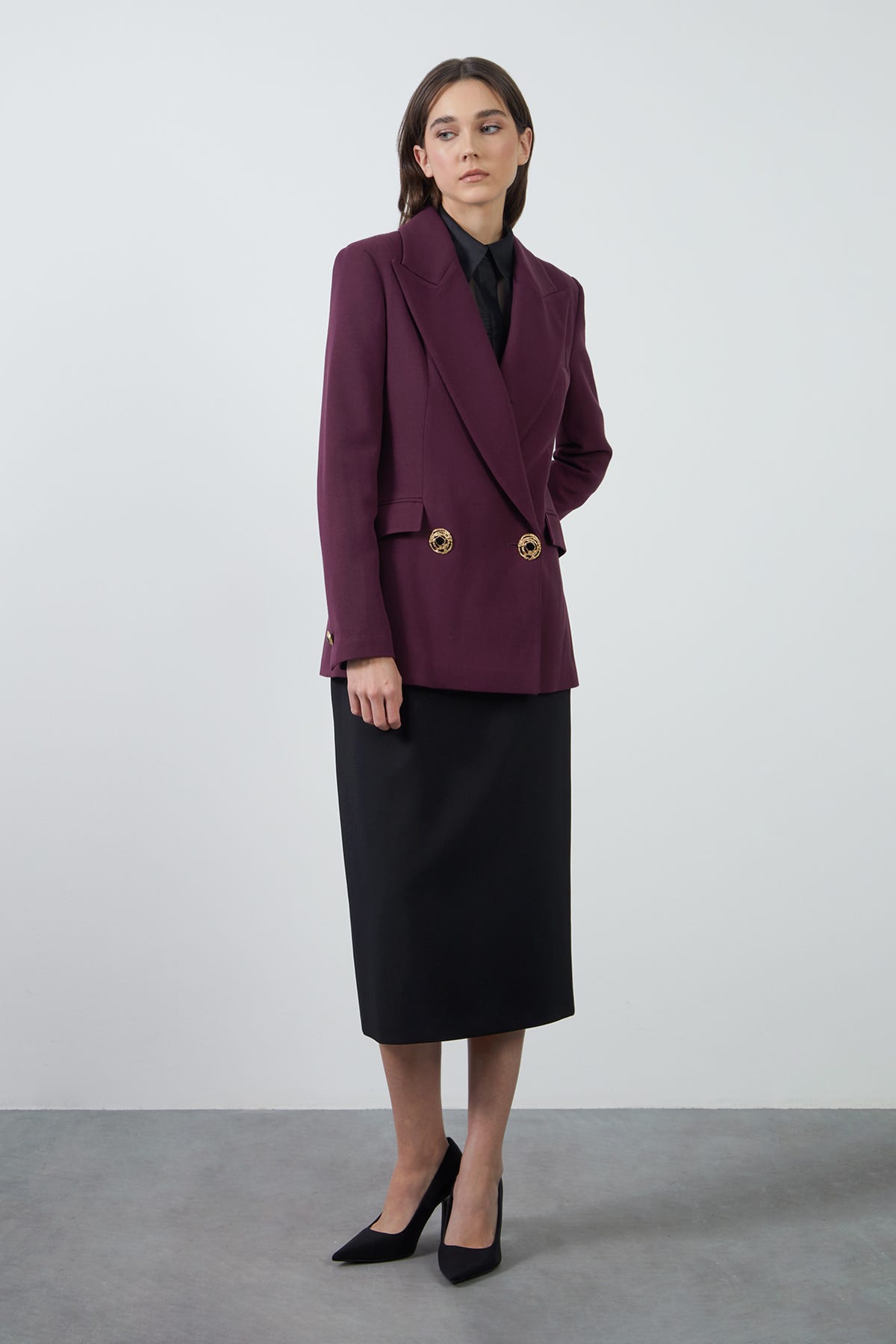 Gold Düğme Detaylı Mürdüm Ceket