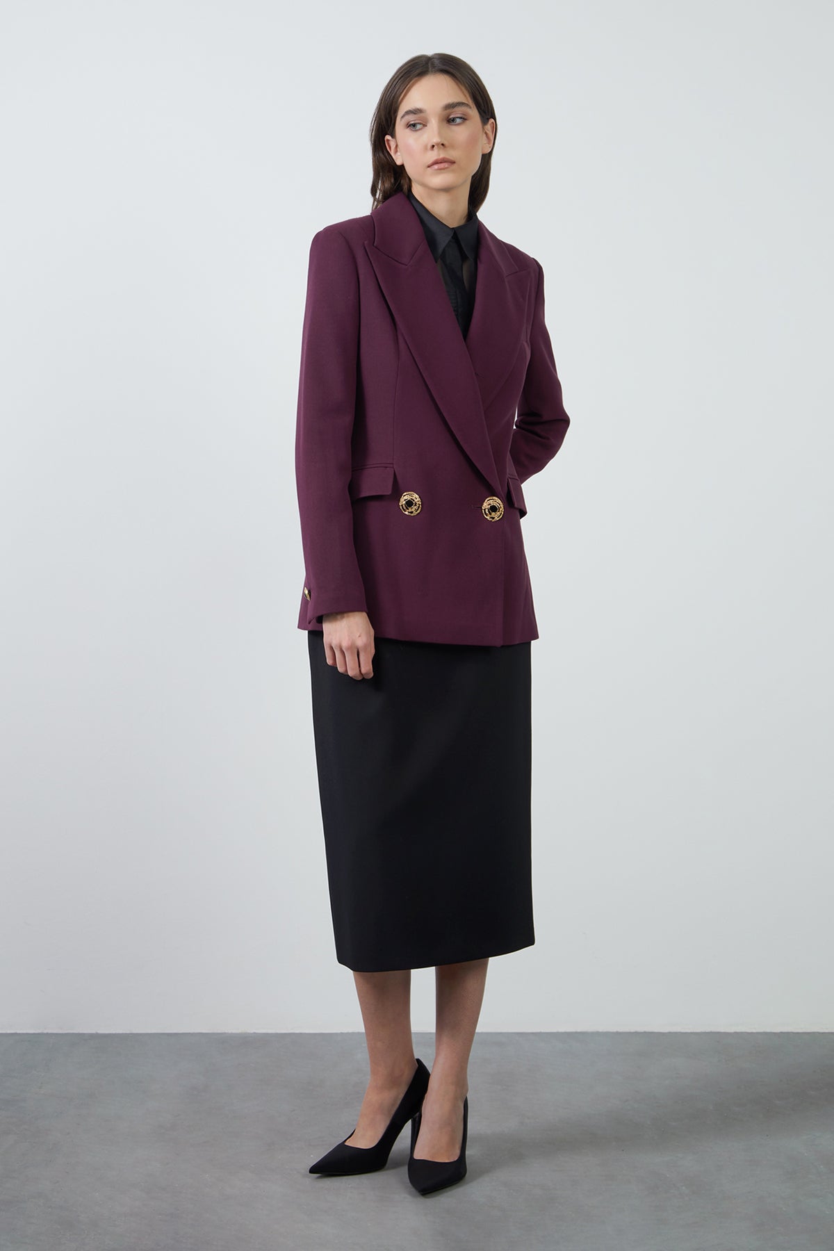 Gold Düğme Detaylı Mürdüm Ceket