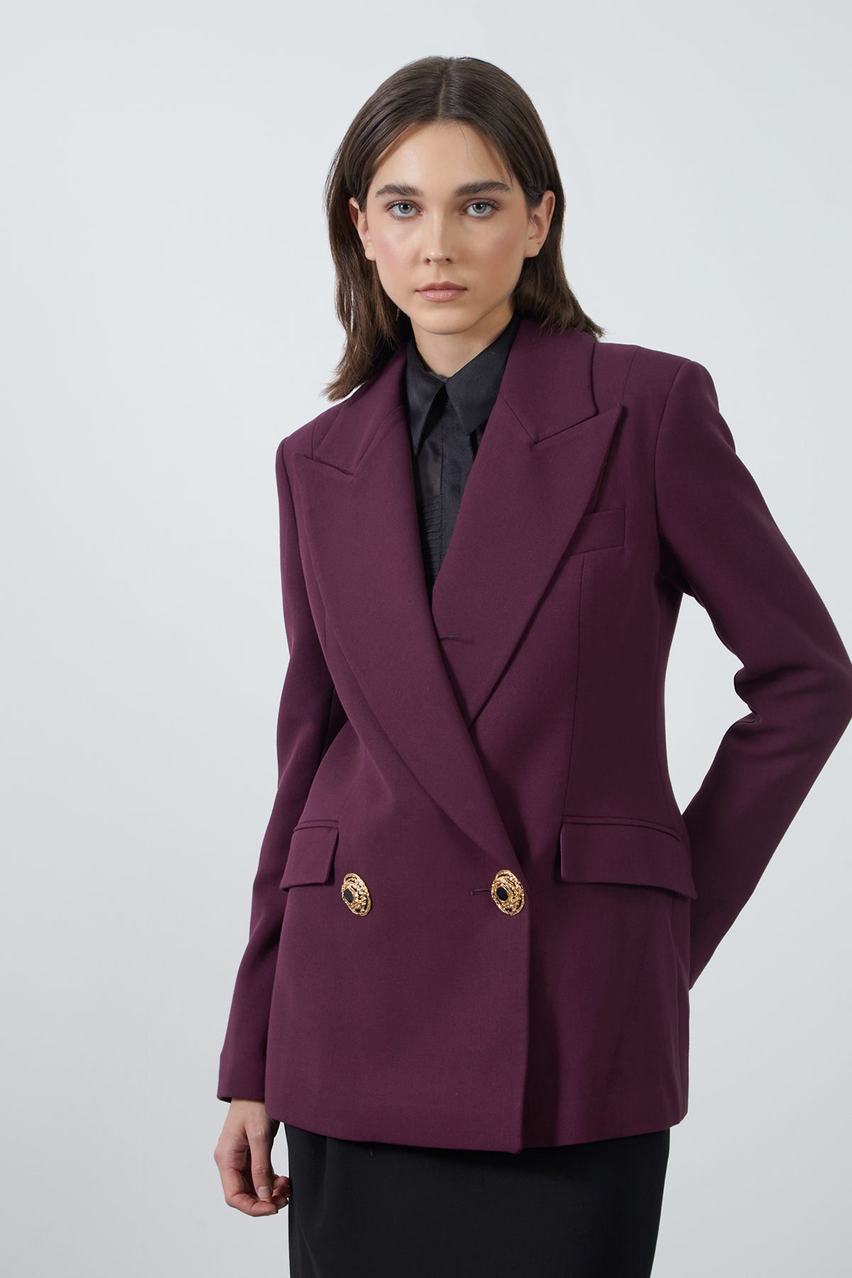 Gold Düğme Detaylı Mürdüm Ceket