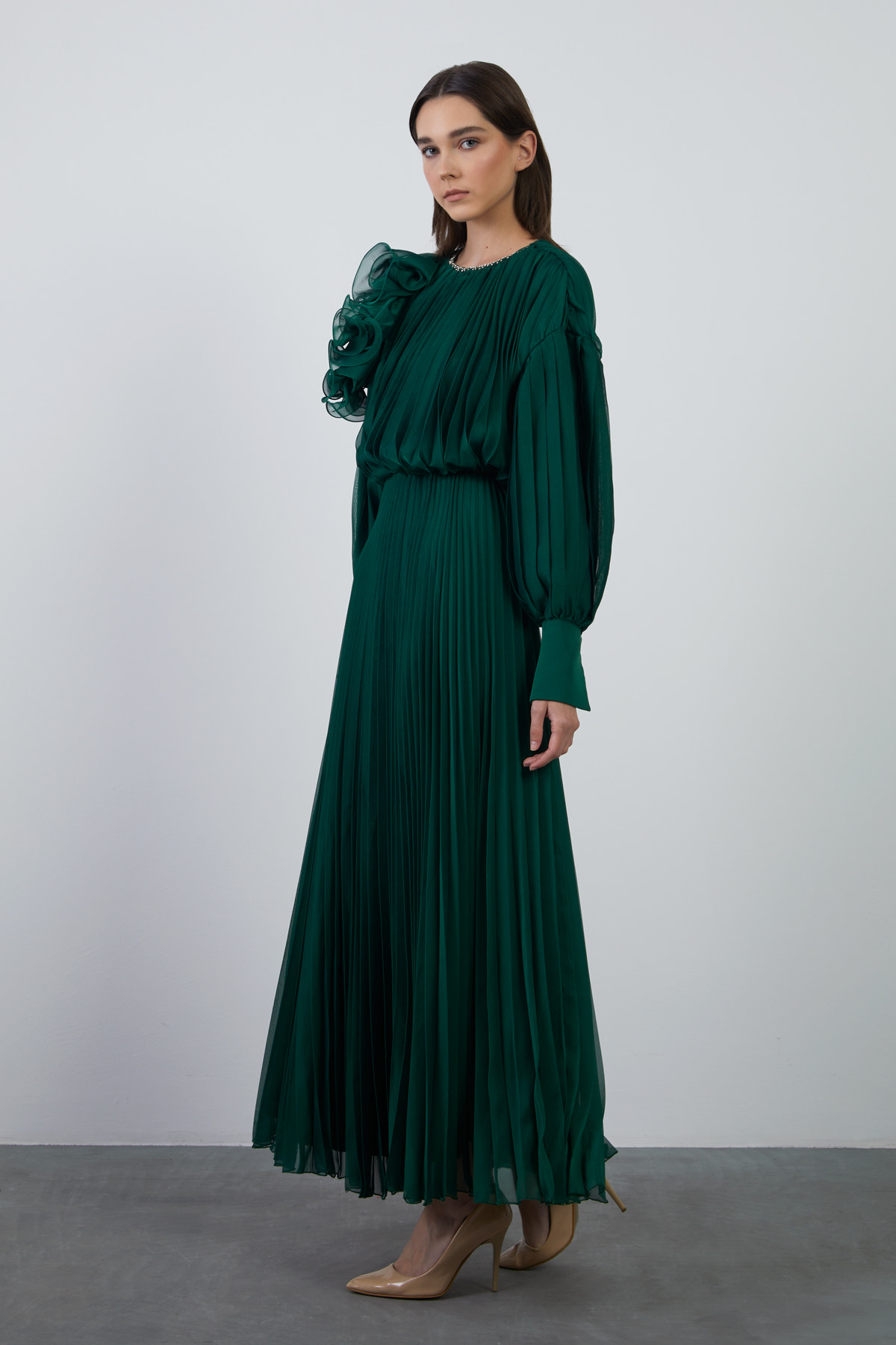 Pliseli Maxi Kloş Abiye Elbise