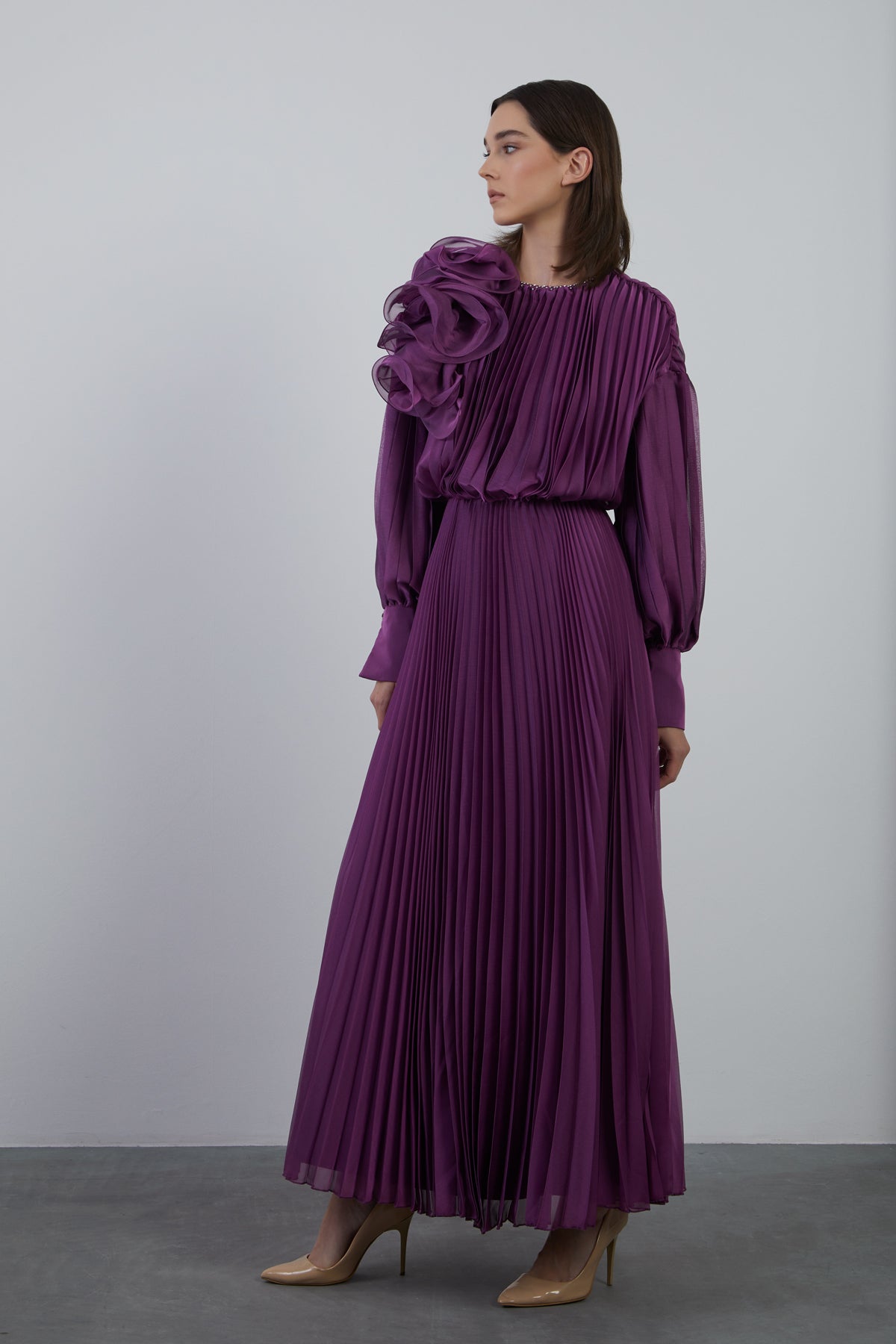Pliseli Maxi Kloş Abiye Elbise