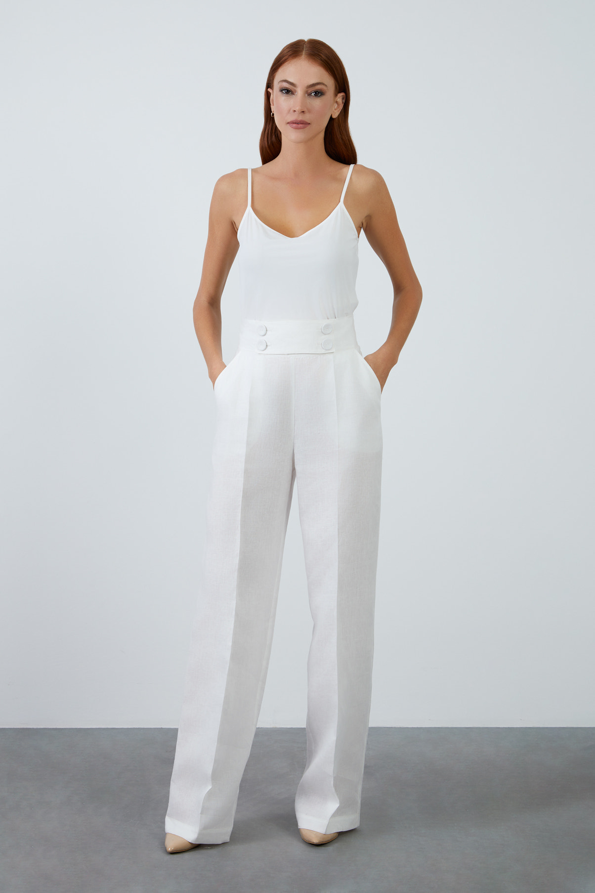 Düğmeli Keten Ekru Pantolon