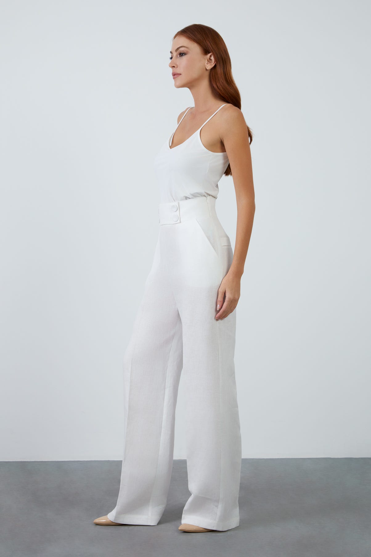 Düğmeli Keten Ekru Pantolon