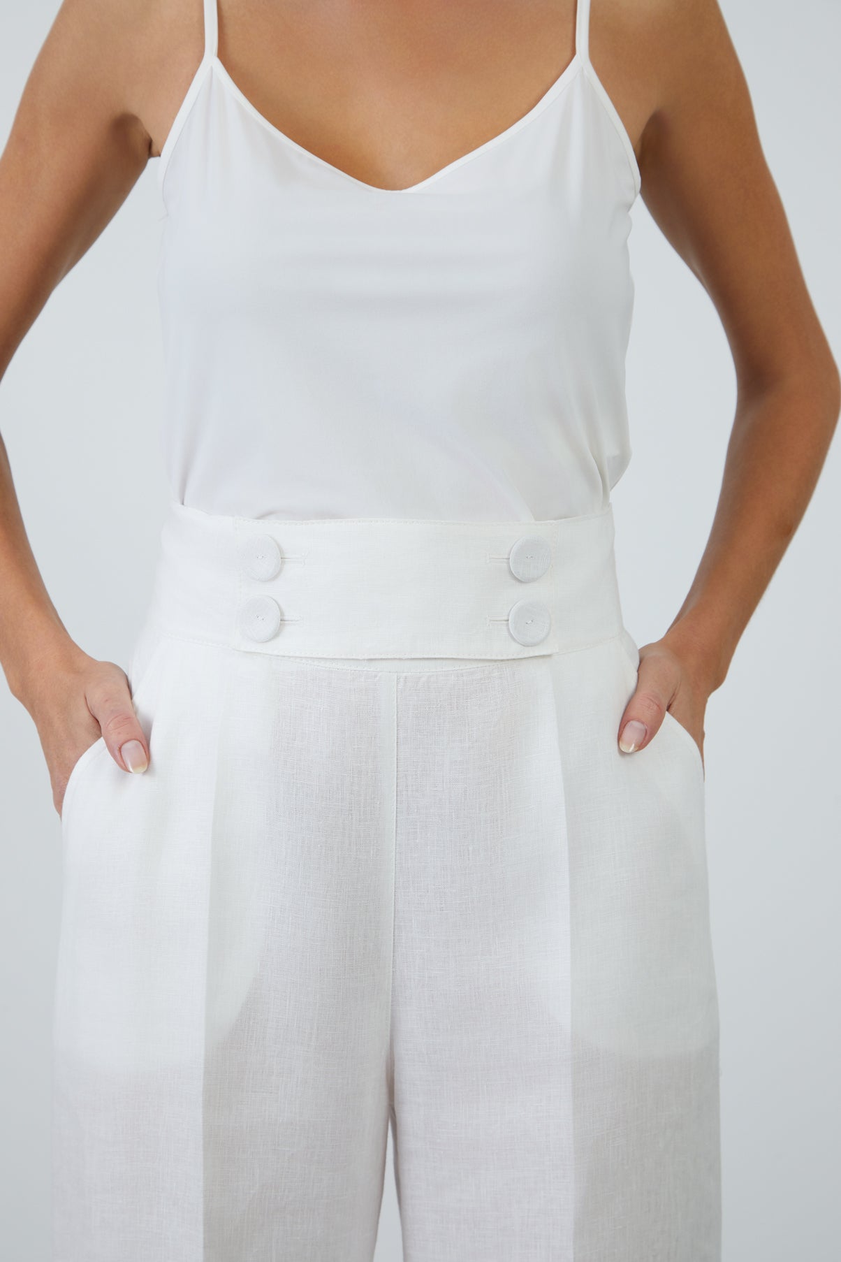 Düğmeli Keten Ekru Pantolon