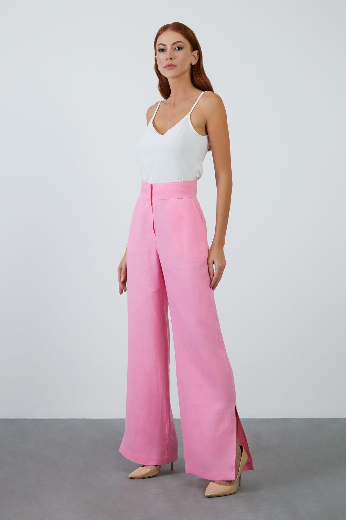 Kuşak Detaylı Bol Paça Keten Pantolon