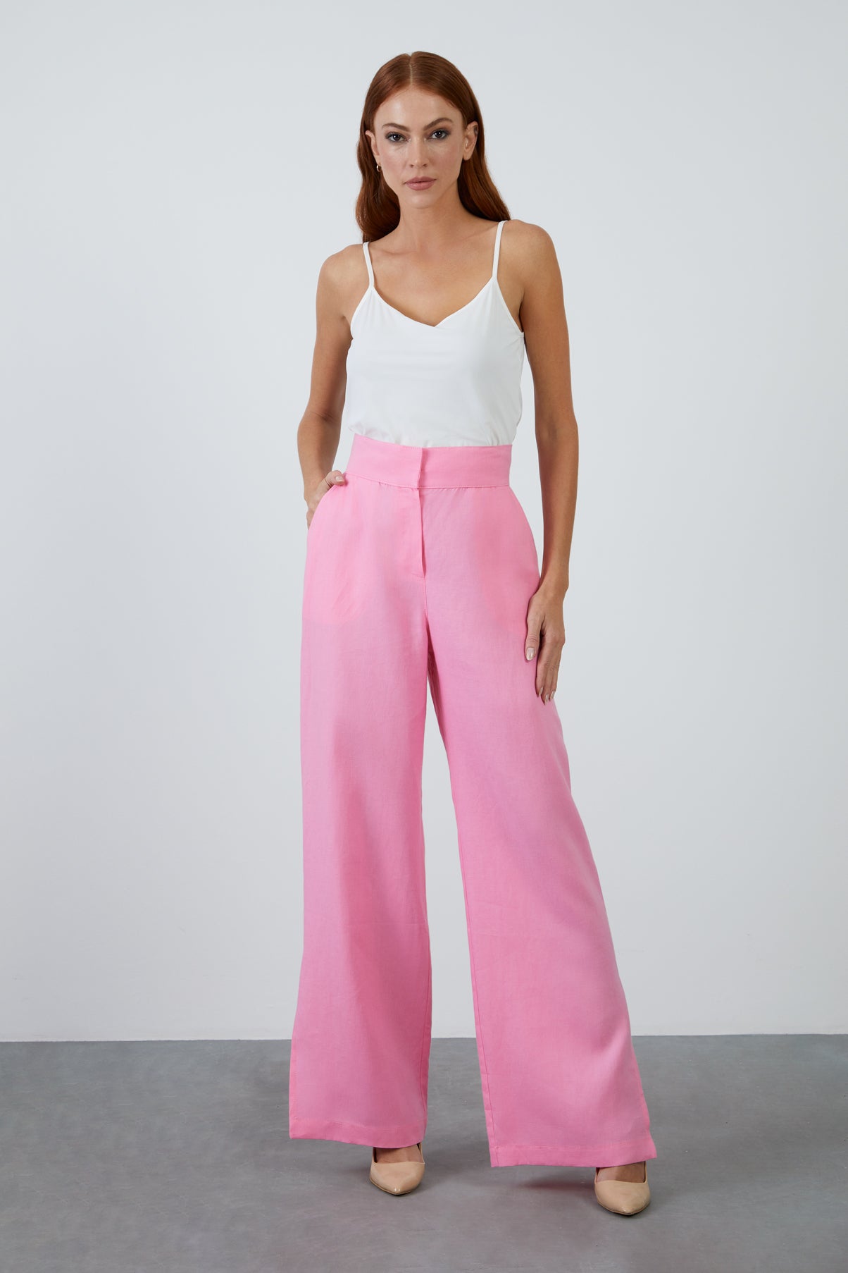 Kuşak Detaylı Bol Paça Keten Pantolon