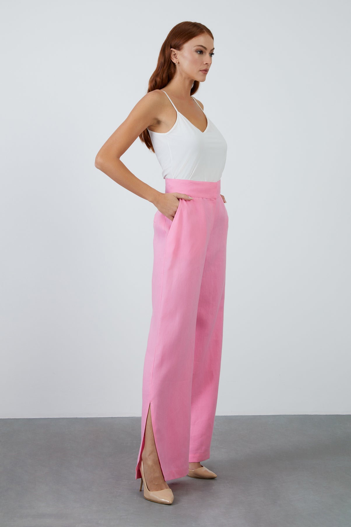 Kuşak Detaylı Bol Paça Keten Pantolon