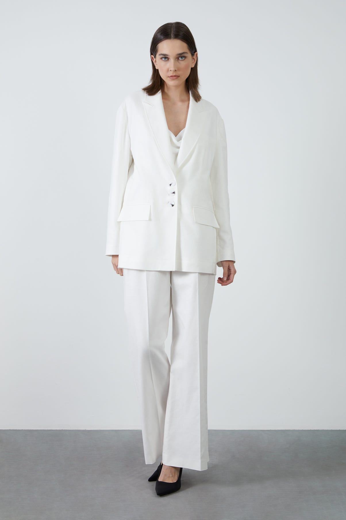 Tek Sıra Düğmeli Keten Ceket