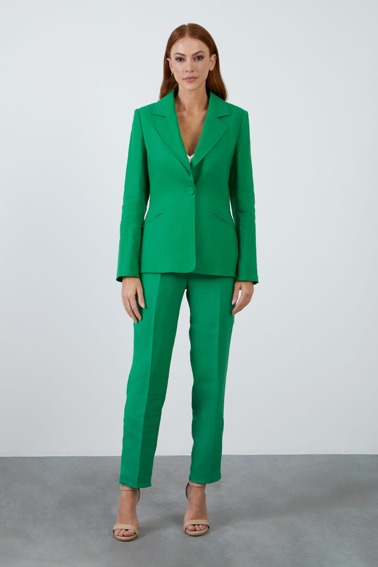 Tek Düğme Kapamalı Uzun Kol Koyu Keten Ceket