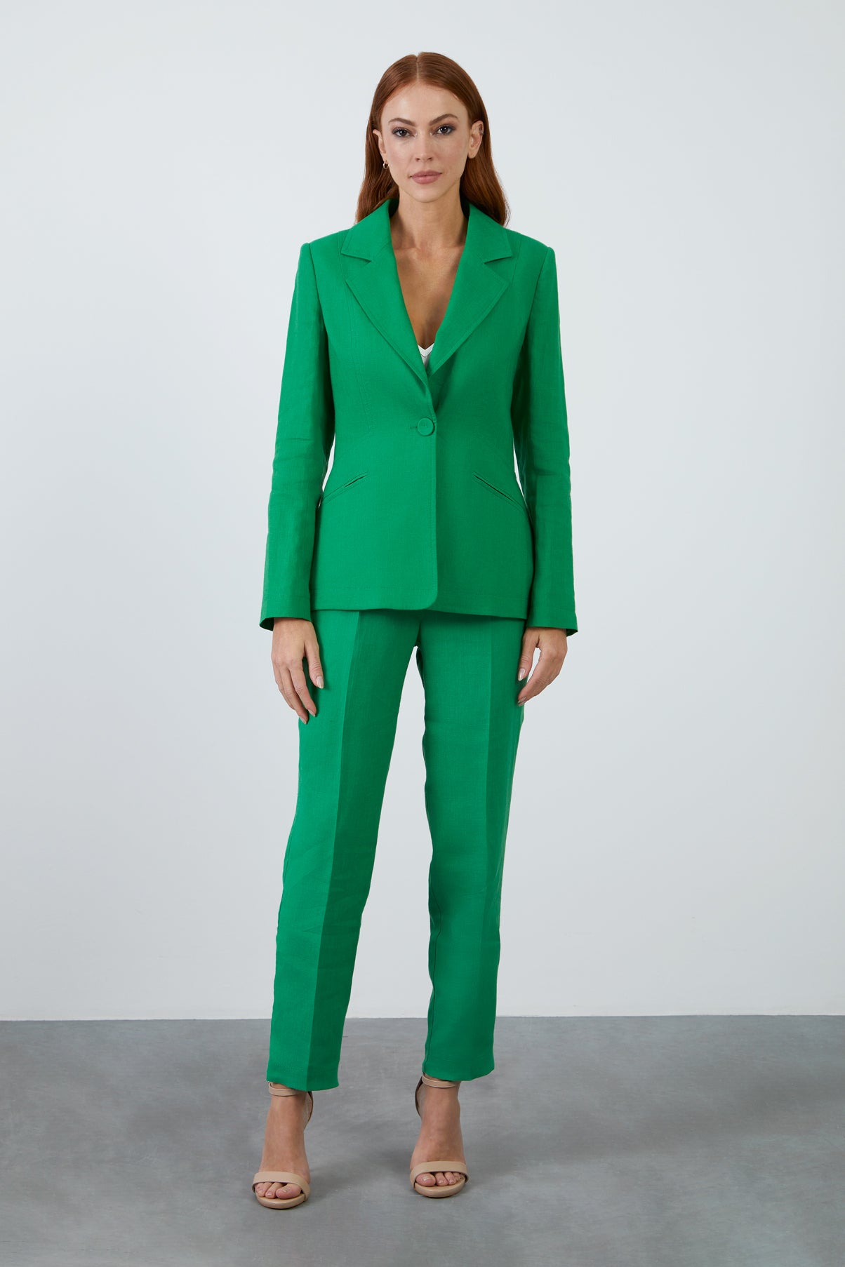 Tek Düğme Kapamalı Uzun Kol Koyu Keten Ceket