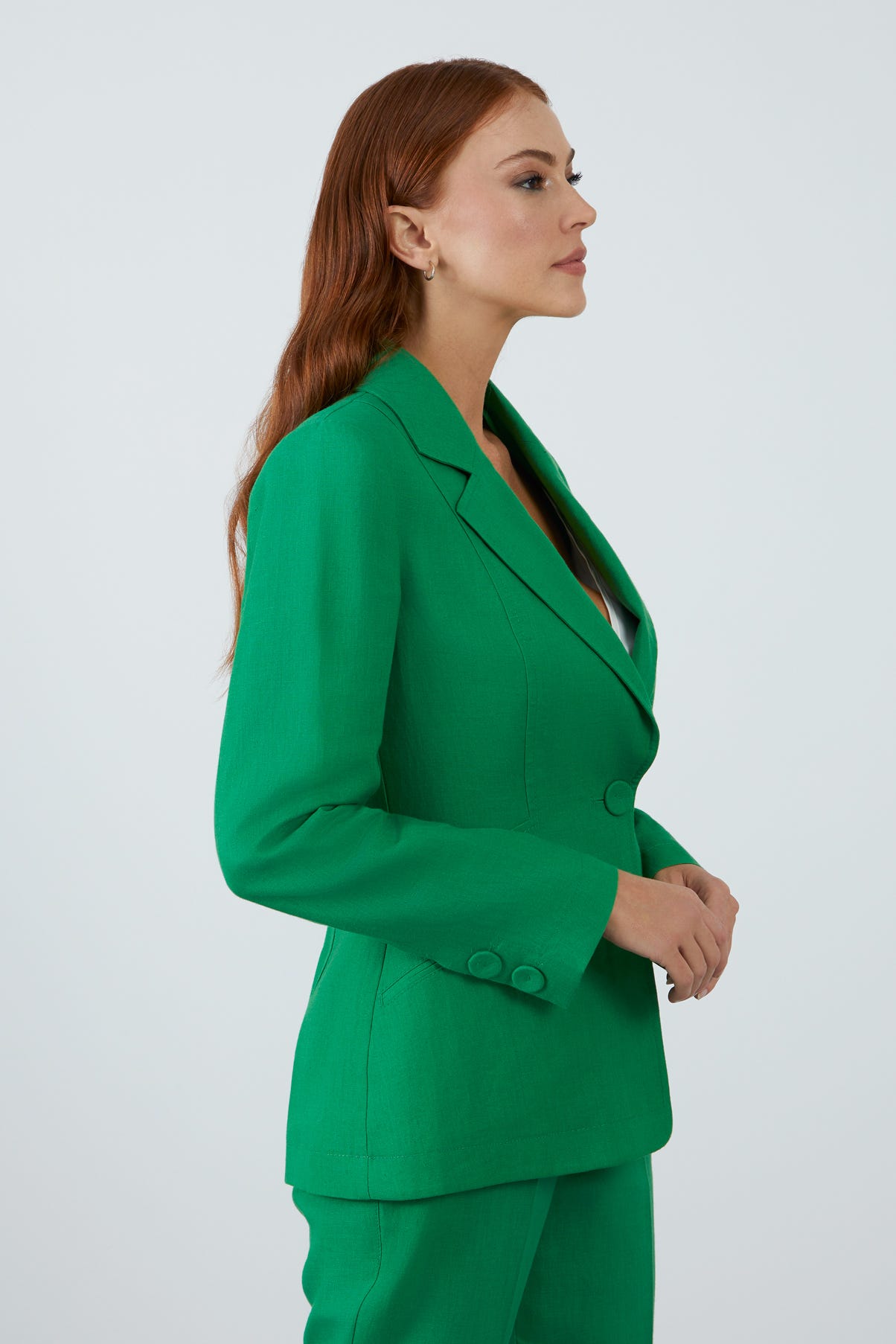 Tek Düğme Kapamalı Uzun Kol Koyu Keten Ceket