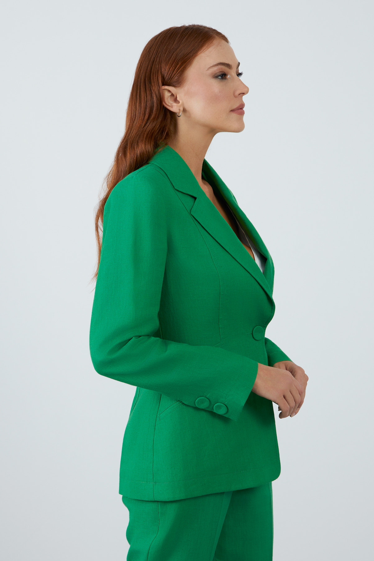 Tek Düğme Kapamalı Uzun Kol Koyu Keten Ceket