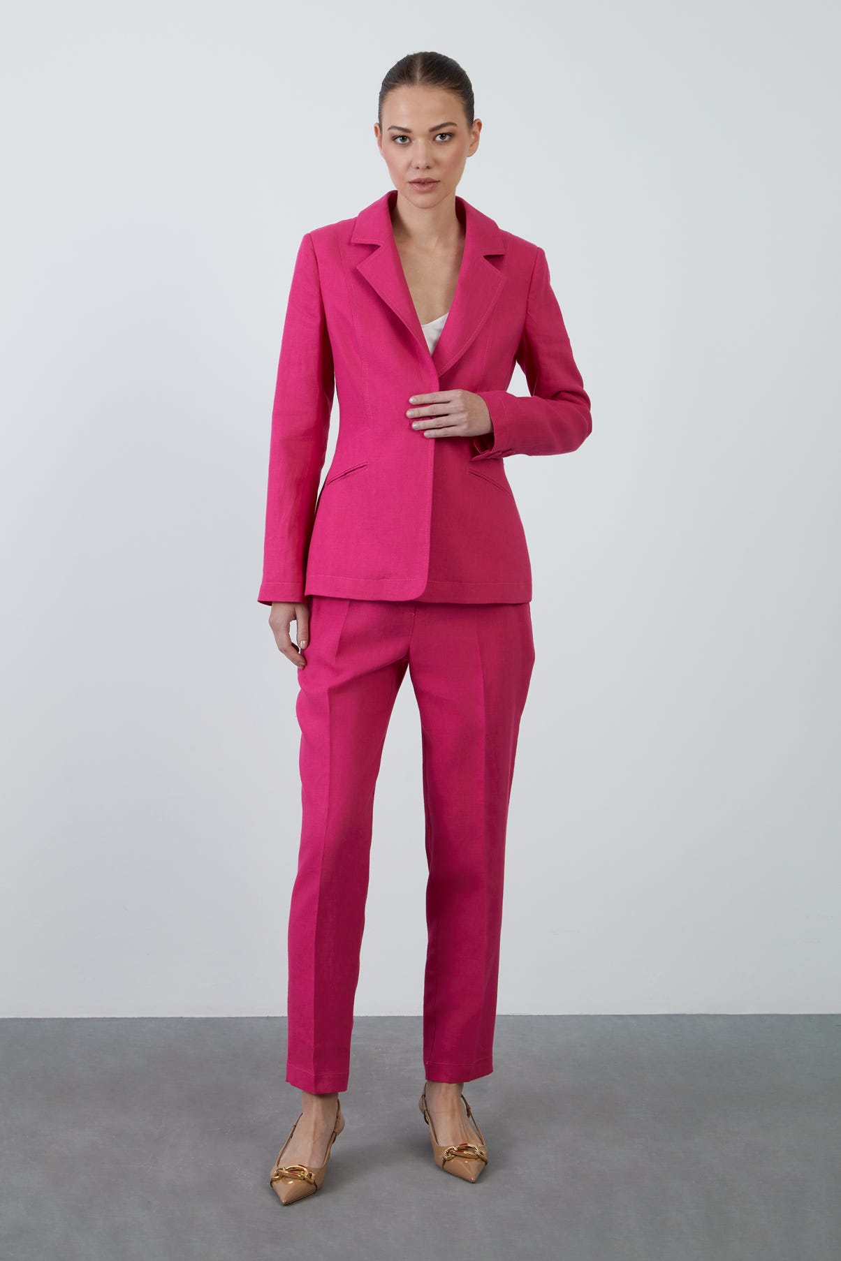 Tek Düğme Kapamalı Uzun Kol Koyu Keten Ceket