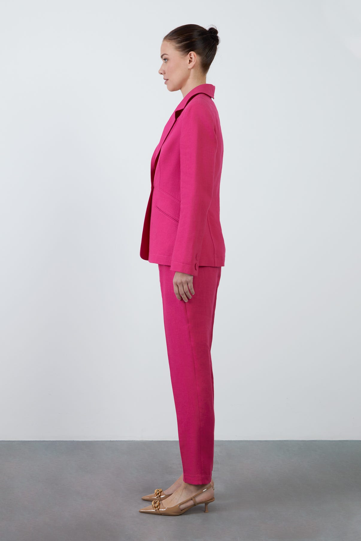 Tek Düğme Kapamalı Uzun Kol Koyu Keten Ceket