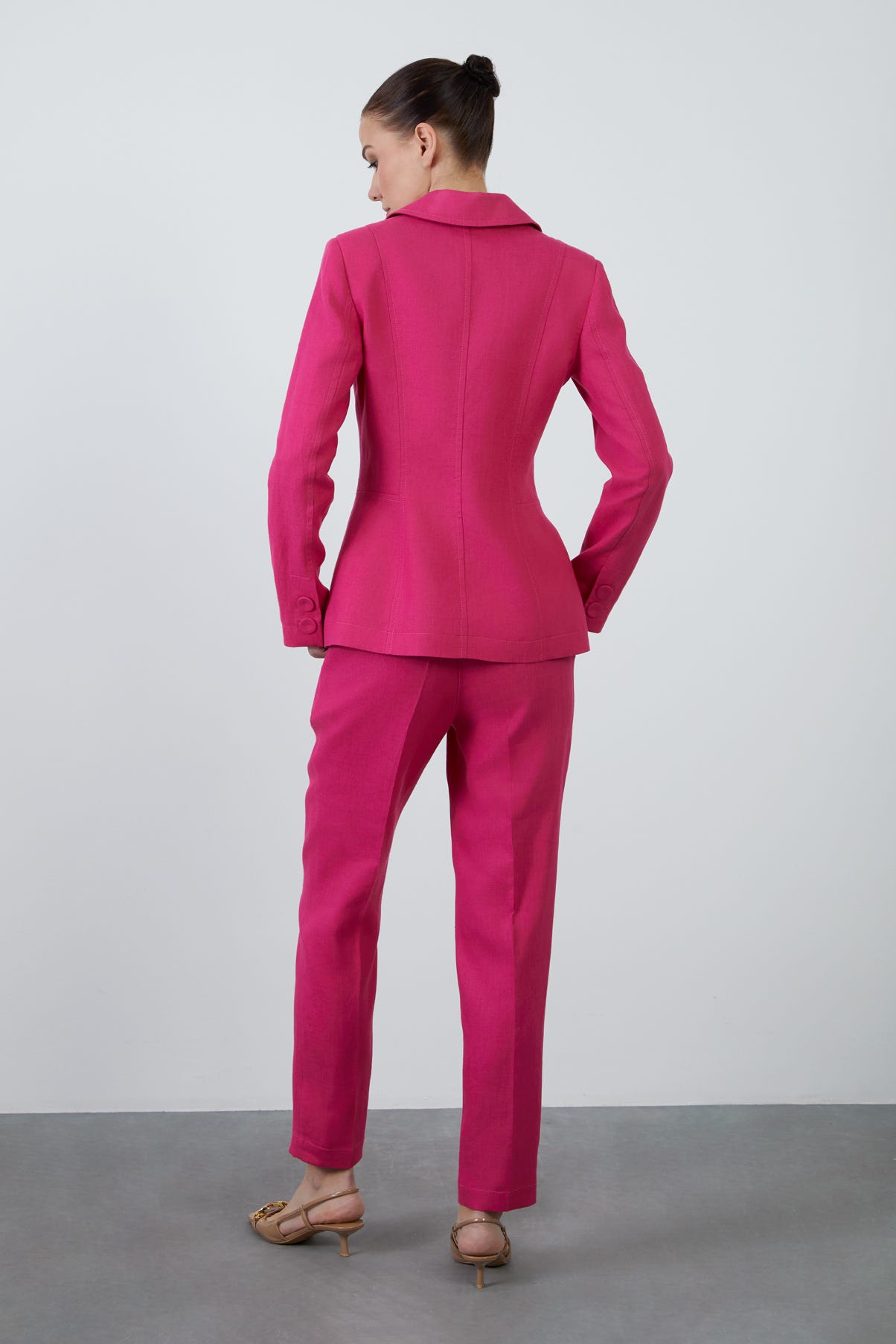 Tek Düğme Kapamalı Uzun Kol Koyu Keten Ceket