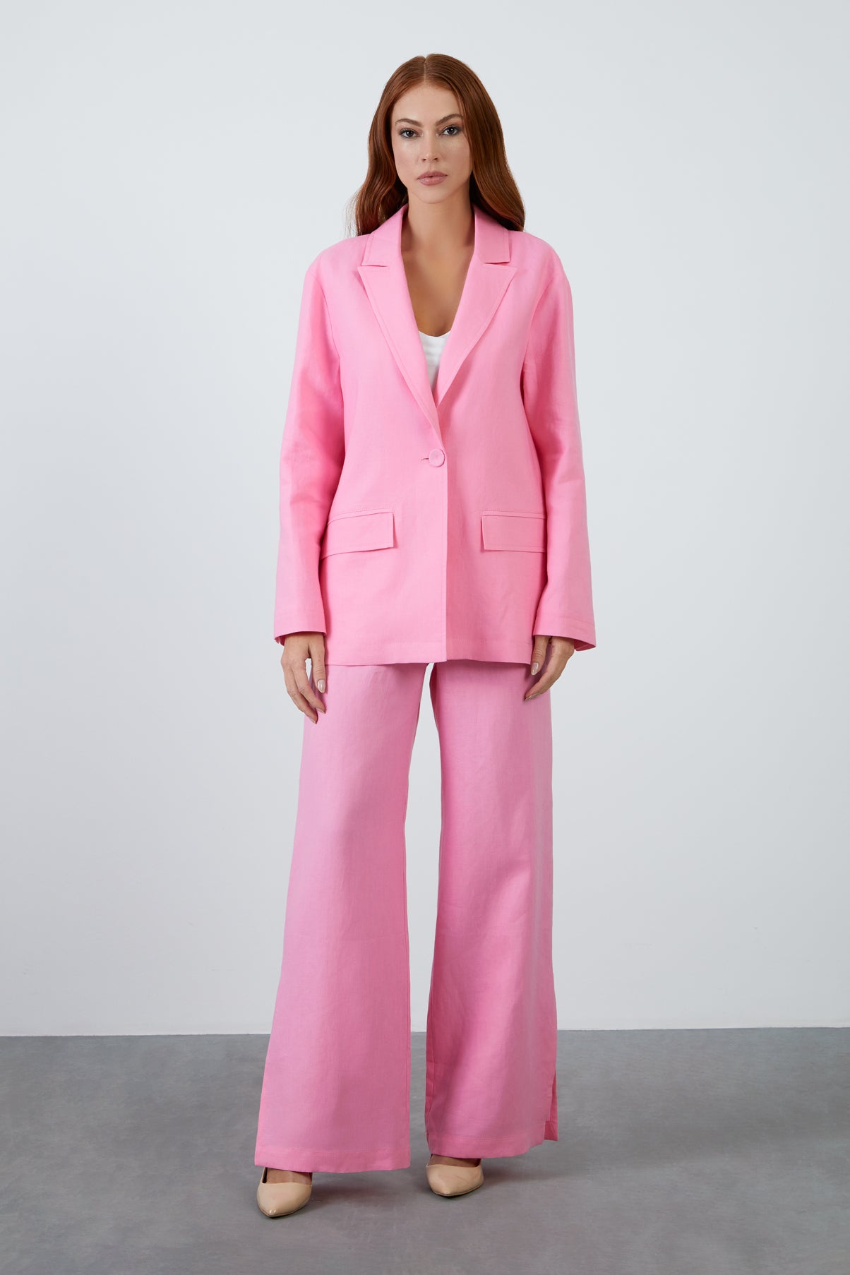 Arkadan Yırtmaçlı Uzun Kollu Koyu Keten Ceket