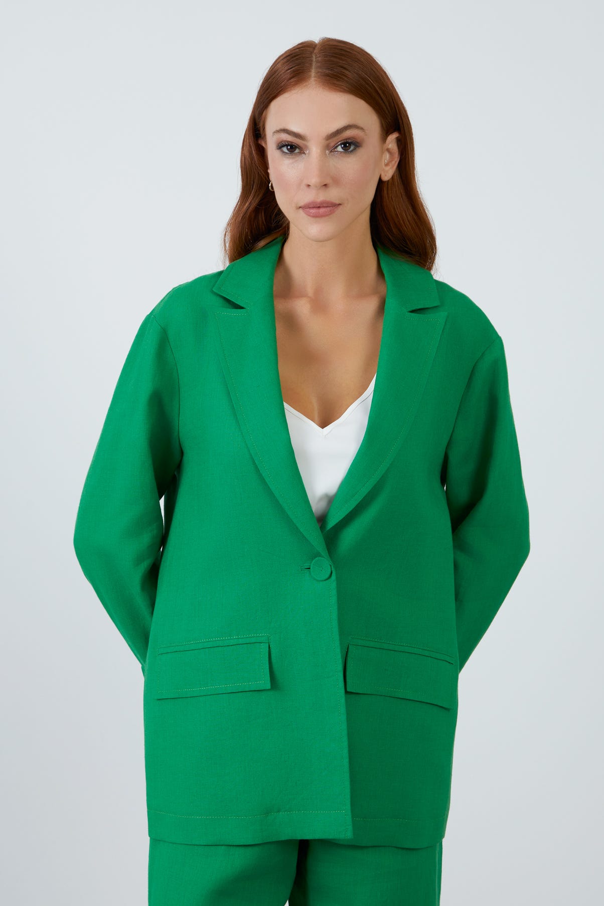 Arkadan Yırtmaçlı Uzun Kollu Koyu Keten Ceket