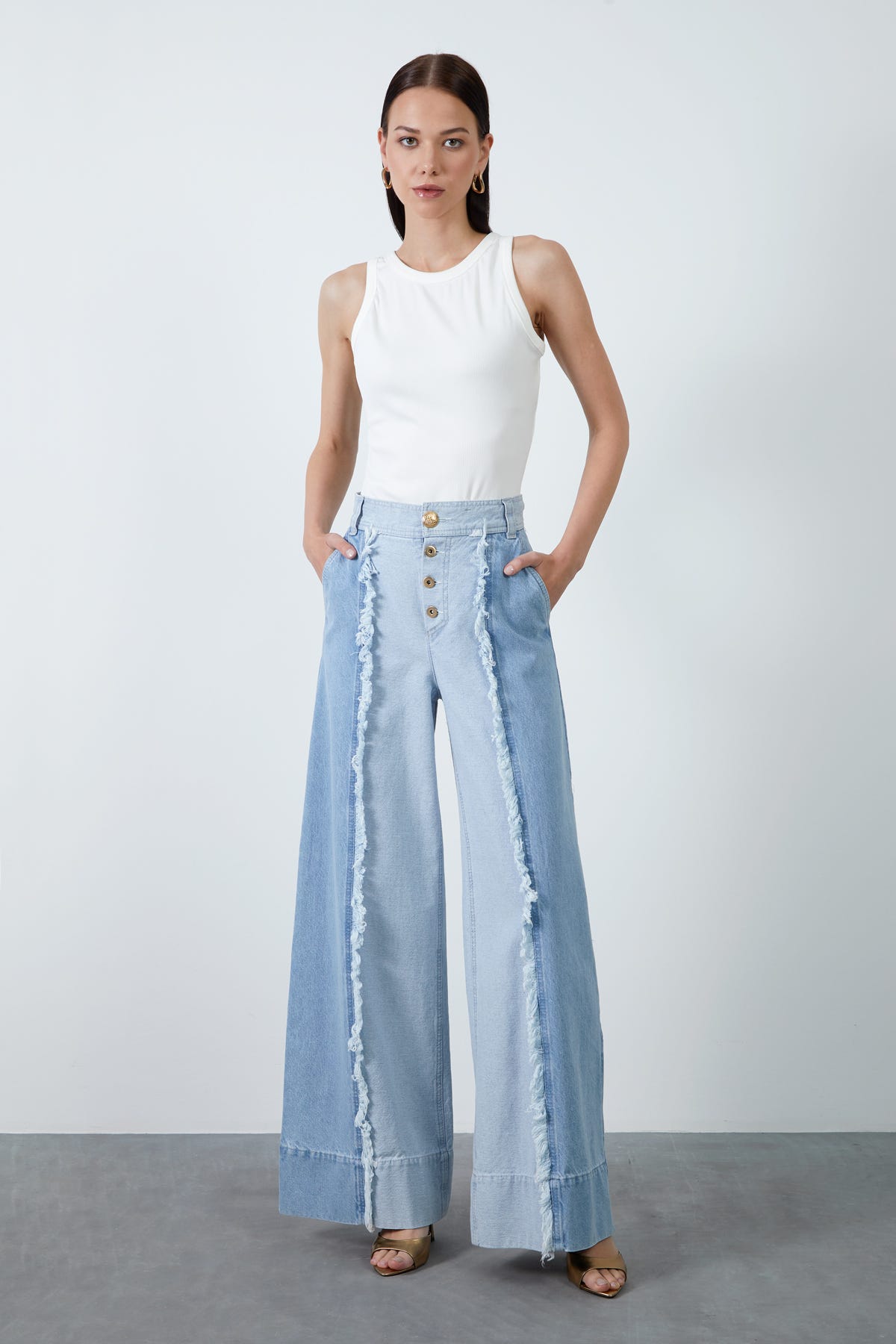 Çift Renkli Bol Paça Jens Pantolon