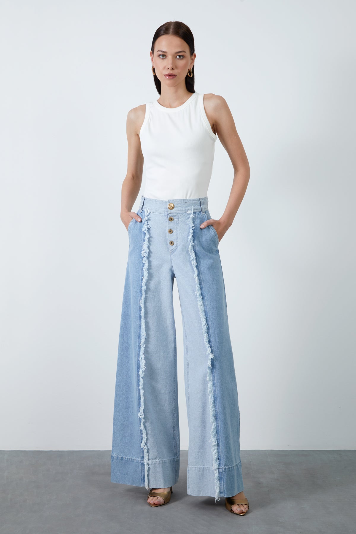 Çift Renkli Bol Paça Jens Pantolon