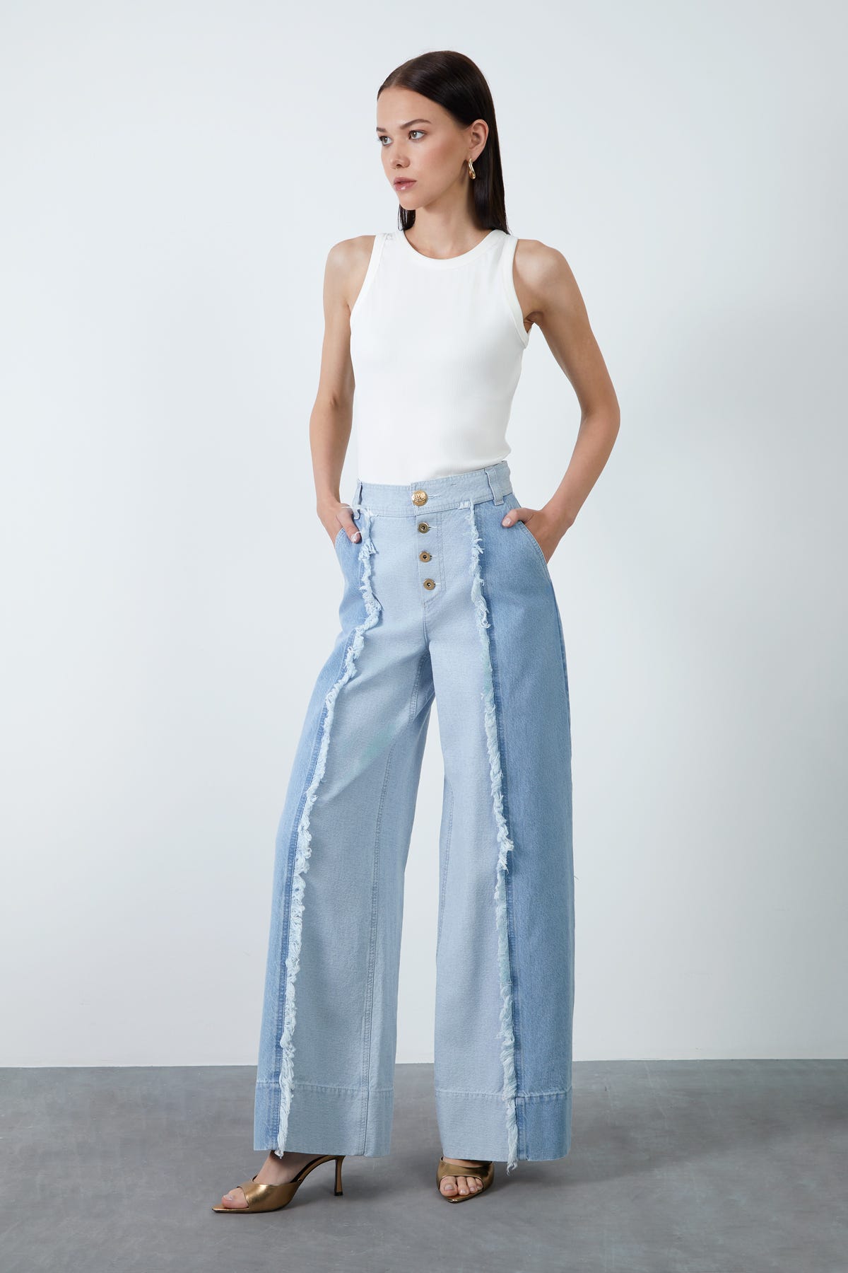 Çift Renkli Bol Paça Jens Pantolon