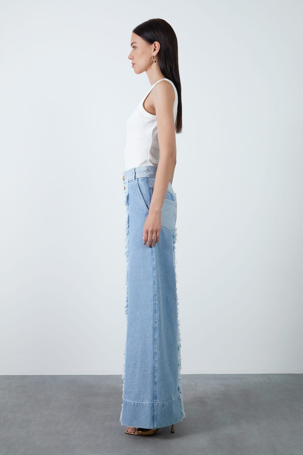 Çift Renkli Bol Paça Jens Pantolon