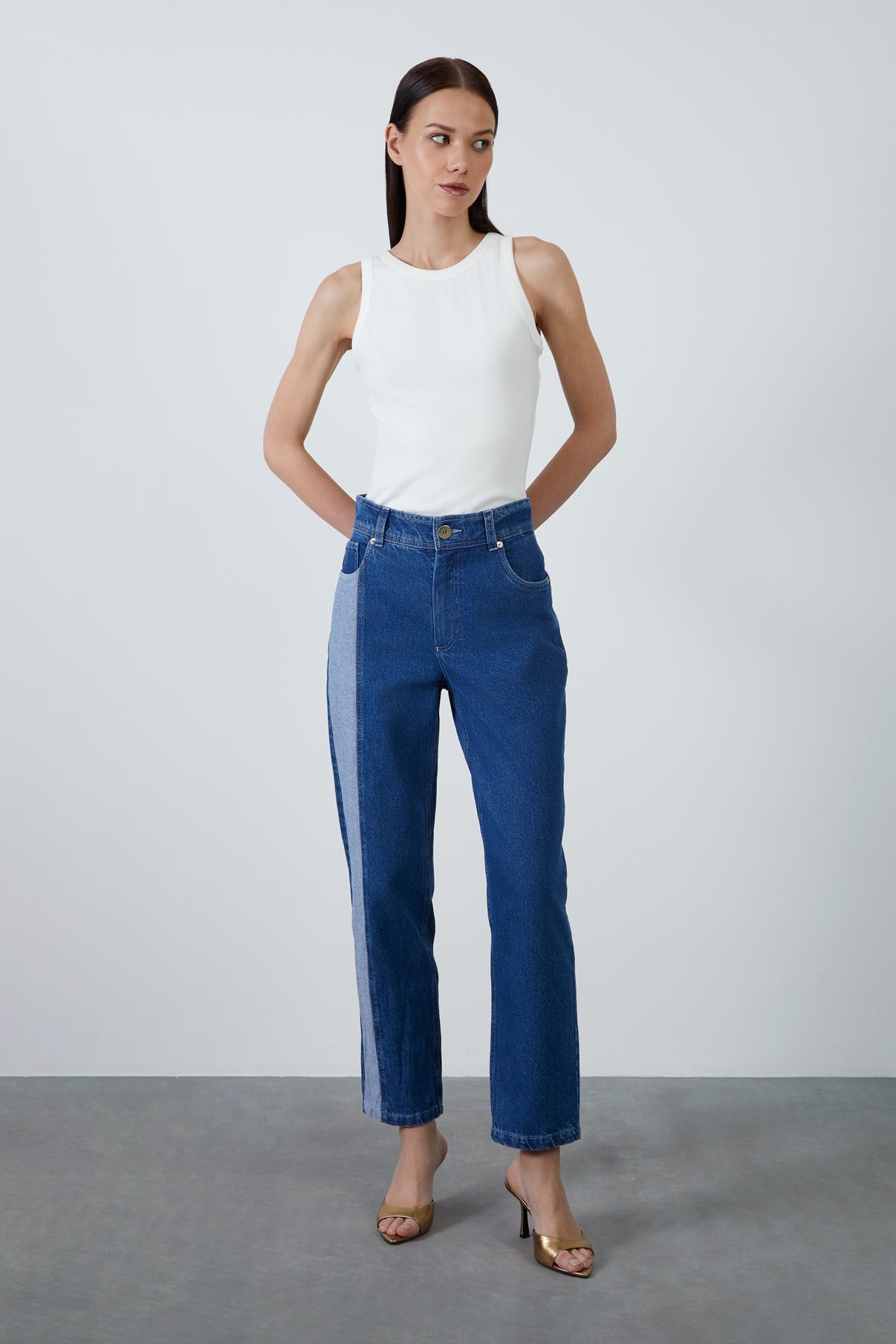 Çift Renkli Dar Paça Jean Pantolon