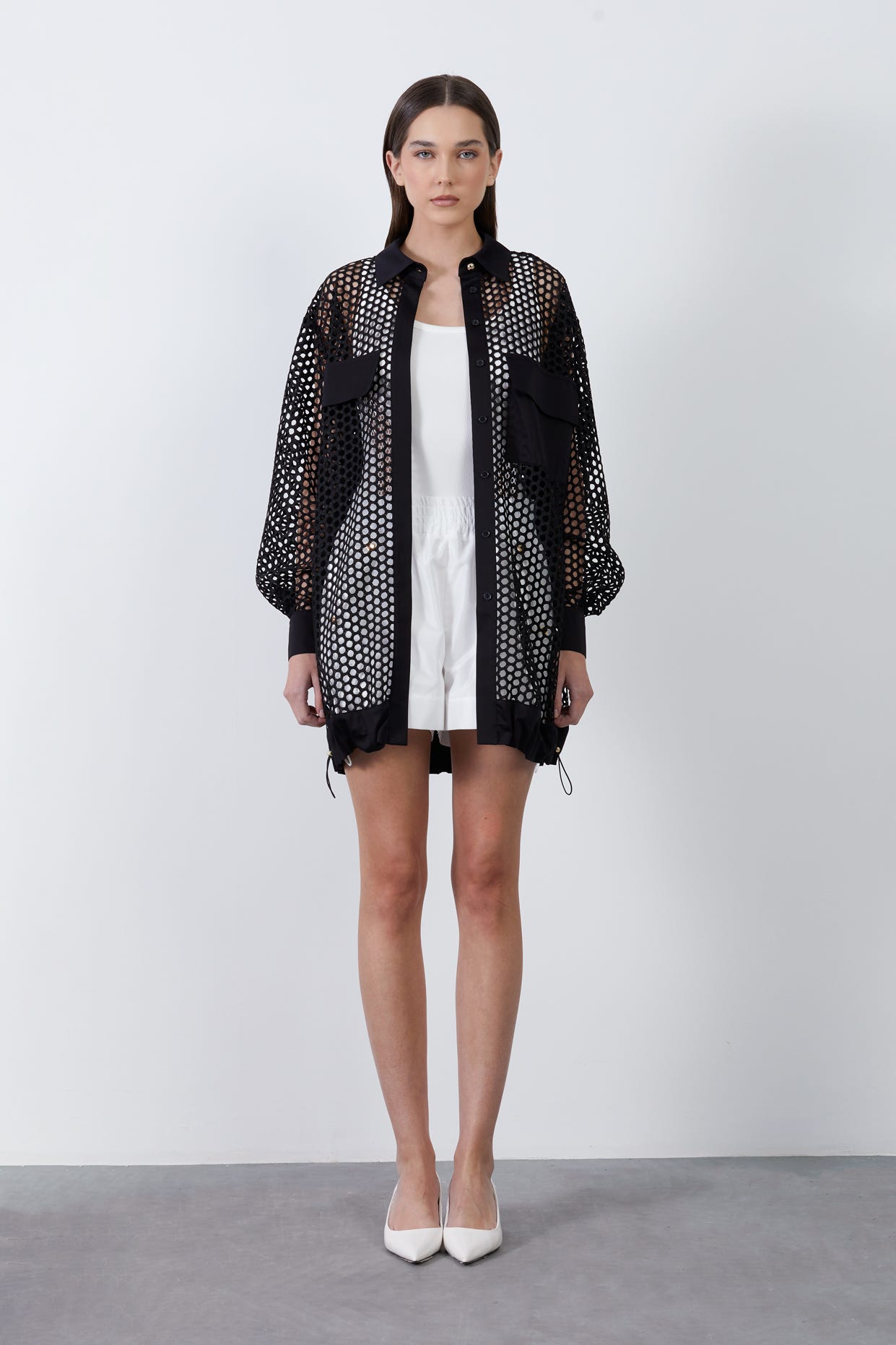 Cep Detaylı Fileli Uzun Gömlek