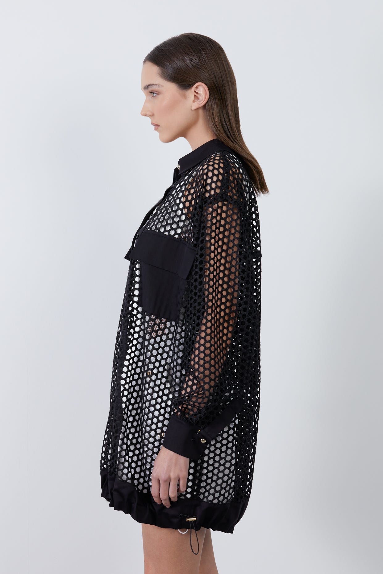 Cep Detaylı Fileli Uzun Gömlek