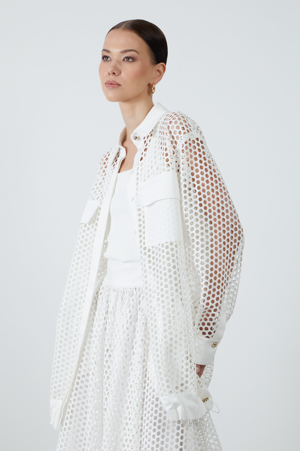 Cep Detaylı Fileli Uzun Gömlek