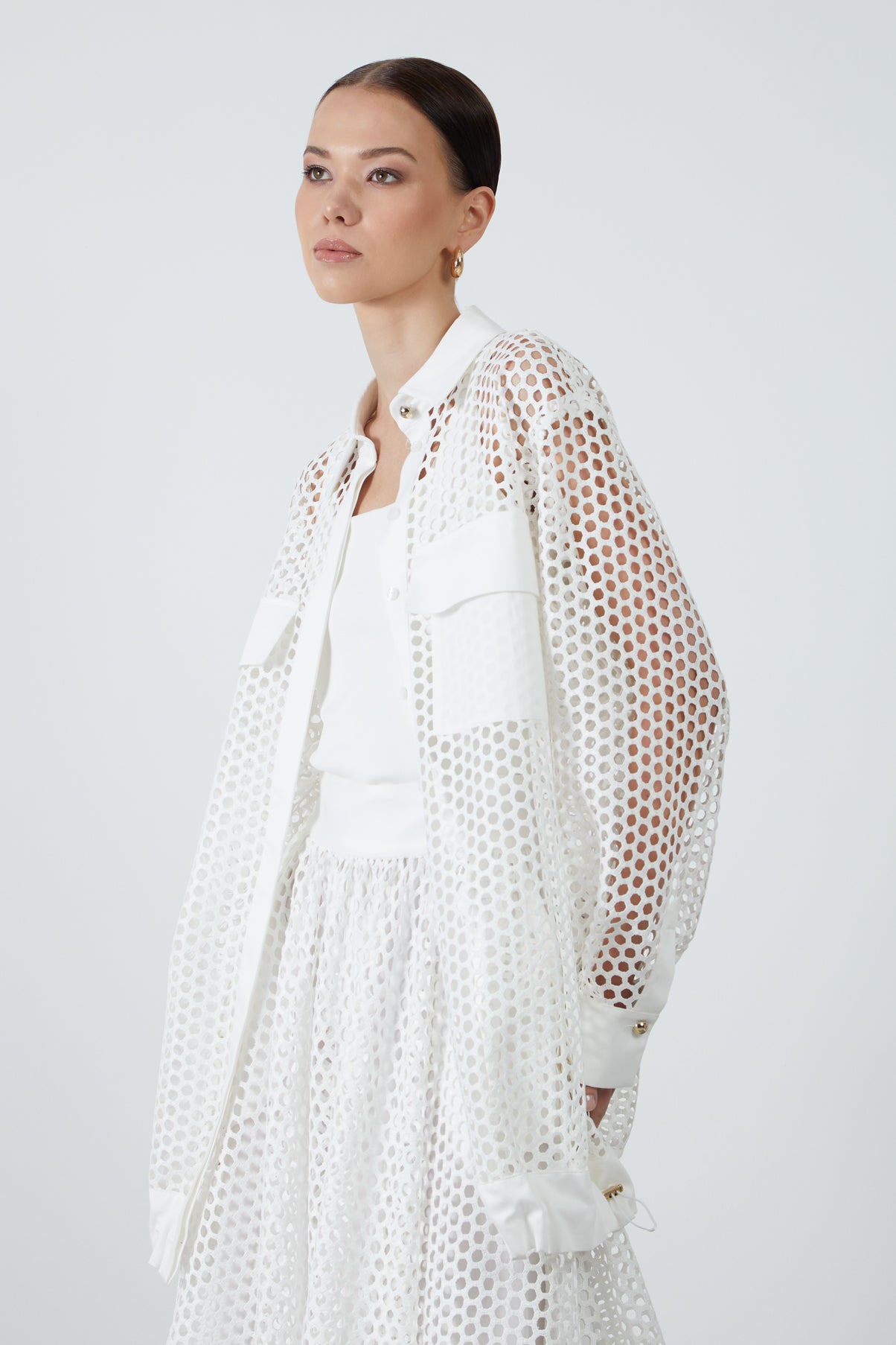 Cep Detaylı Fileli Uzun Gömlek