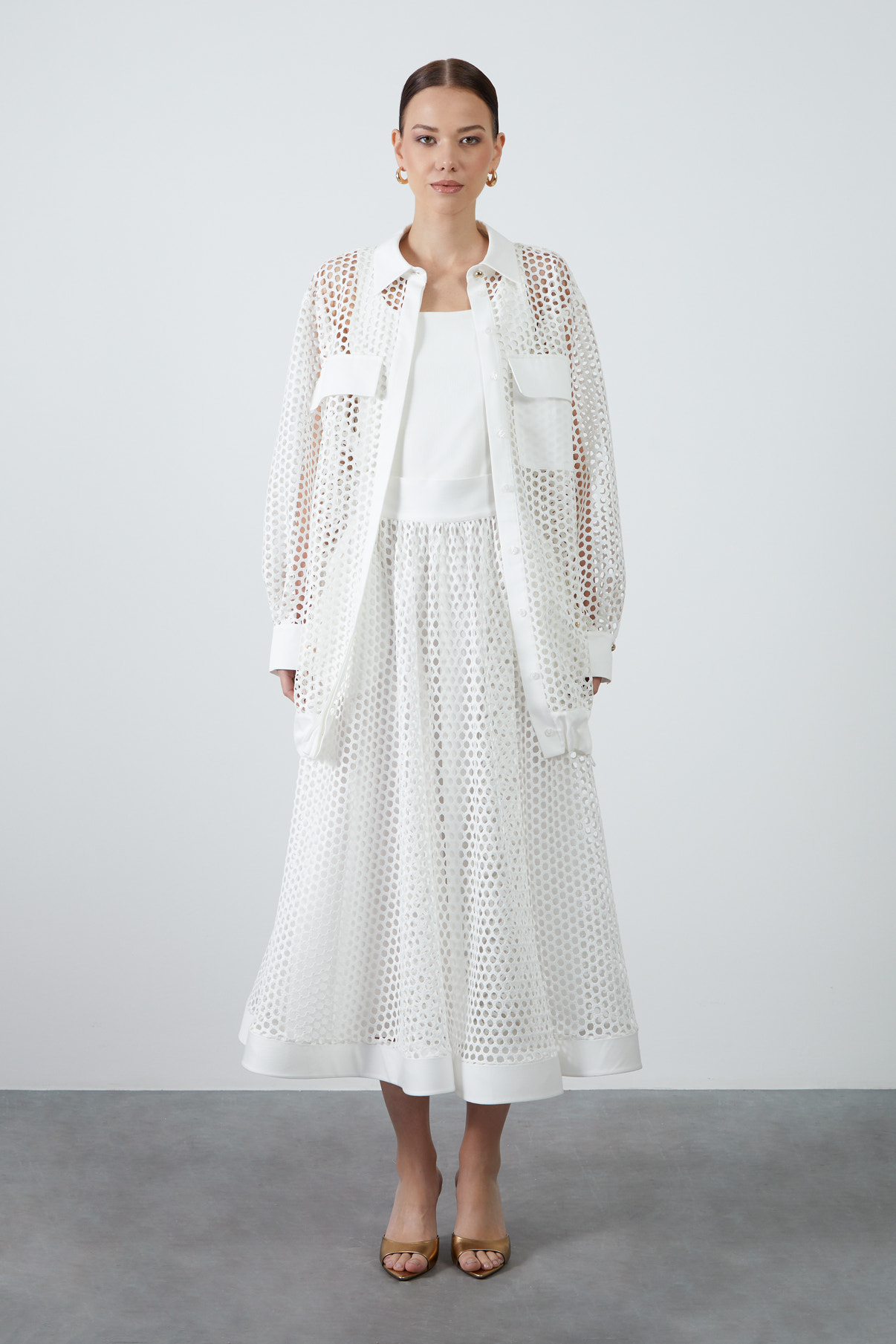 Cep Detaylı Fileli Uzun Gömlek