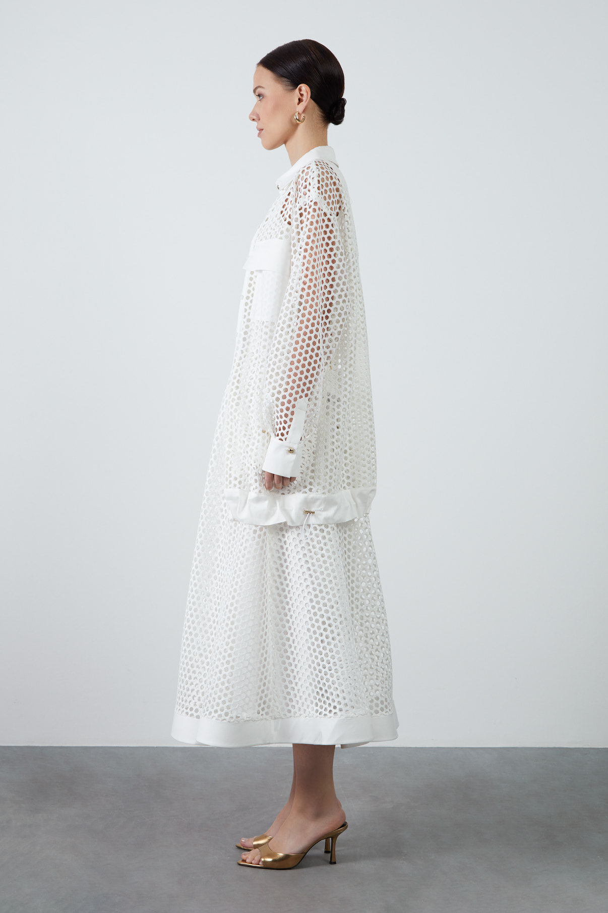 Cep Detaylı Fileli Uzun Gömlek