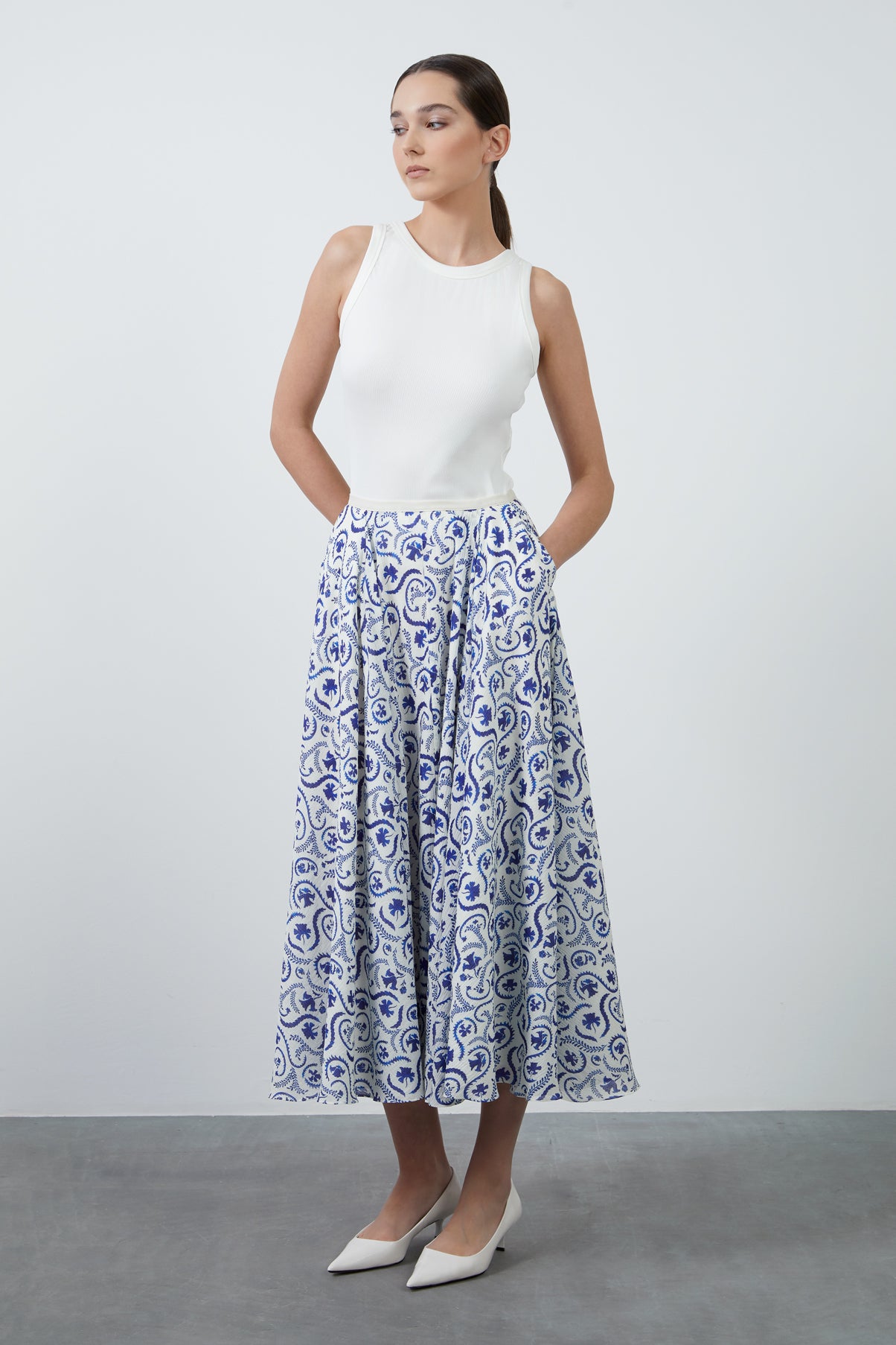 Kordon Detaylı Desenli Uzun Etek