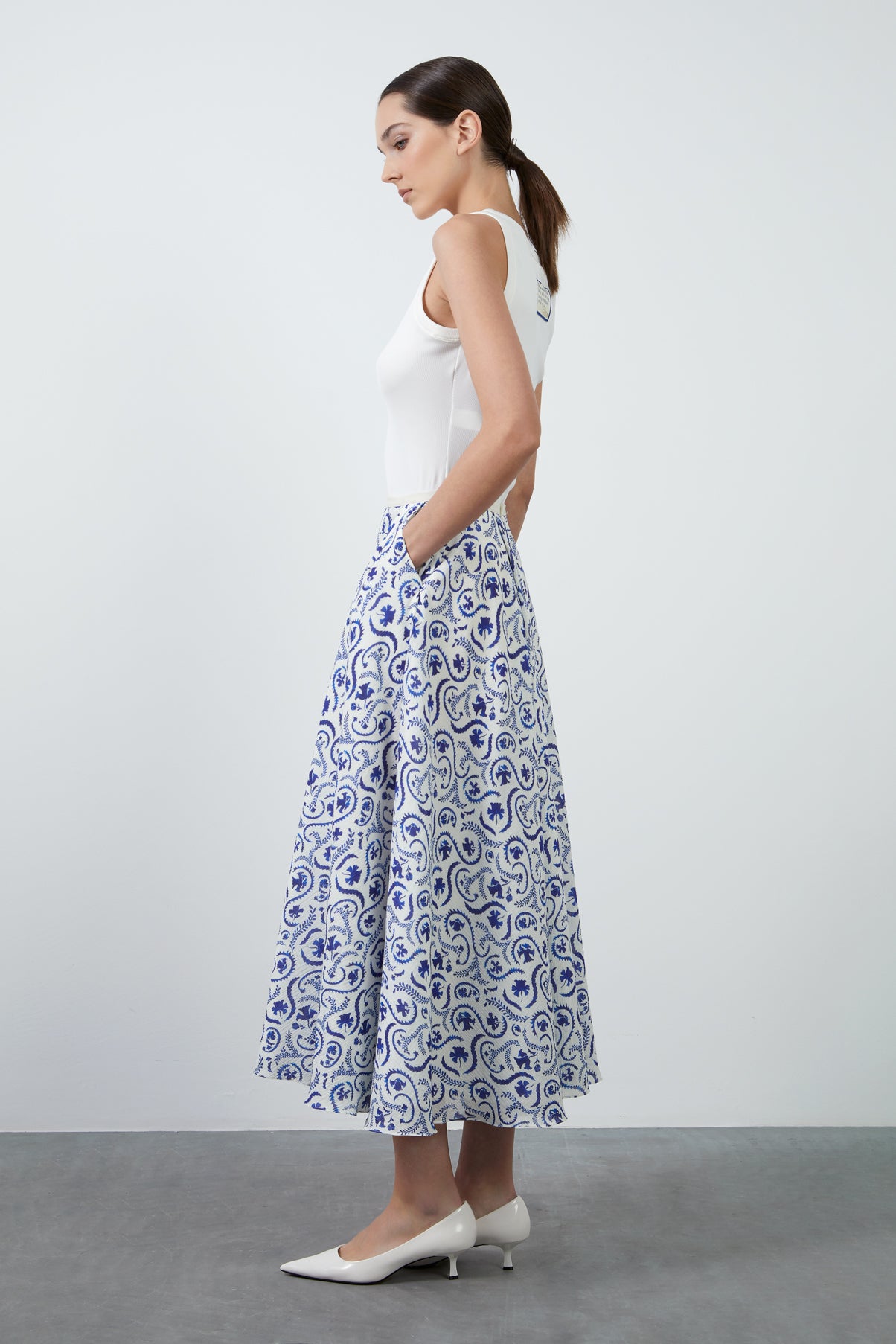 Kordon Detaylı Desenli Uzun Etek