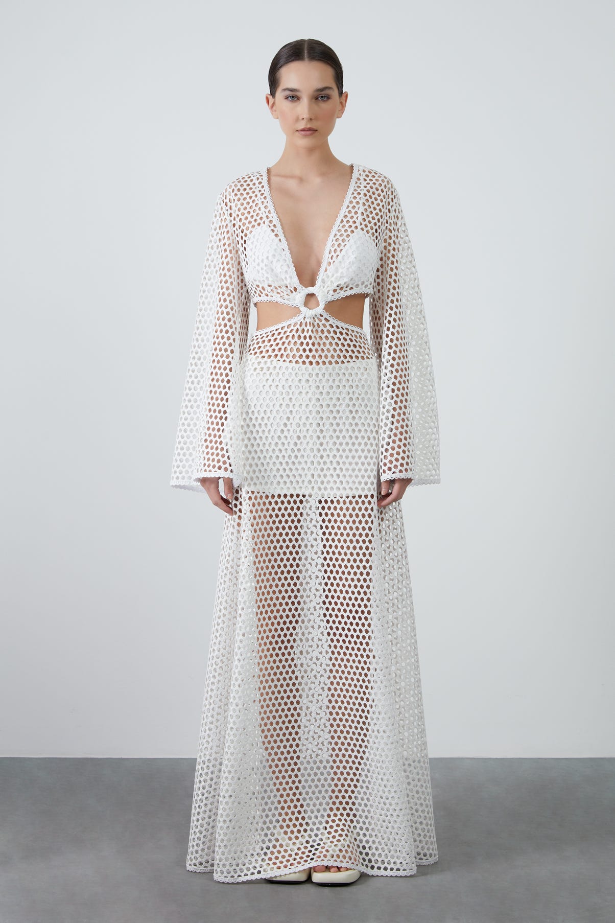 Pencere Detaylı Fileli Uzun Elbise