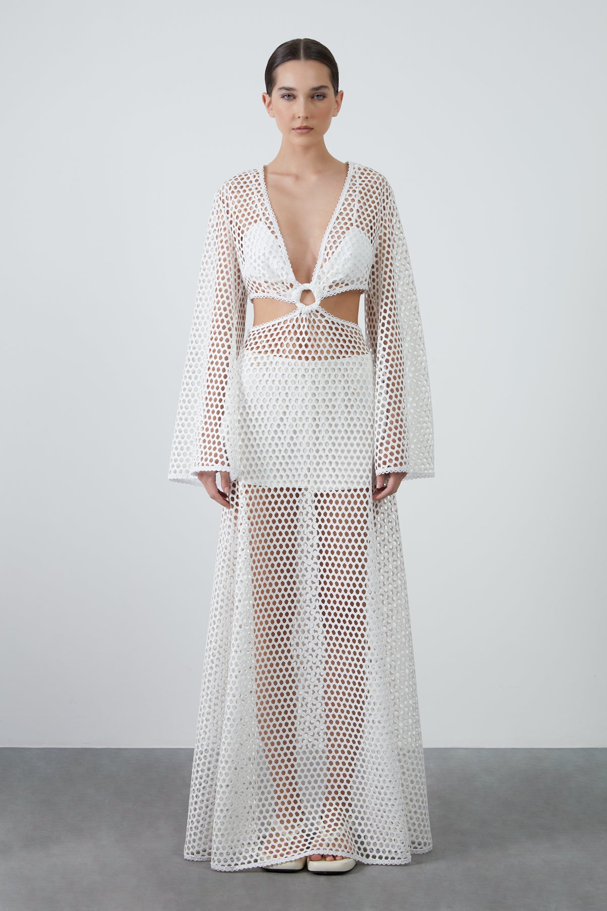 Pencere Detaylı Fileli Uzun Elbise