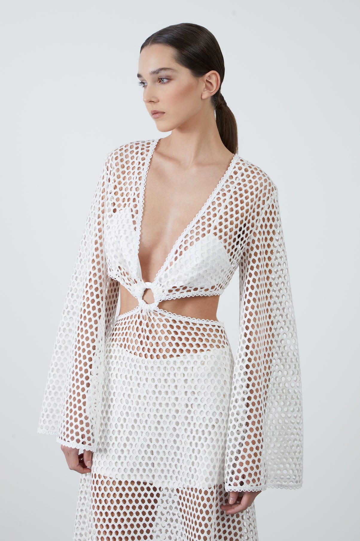 Pencere Detaylı Fileli Uzun Elbise