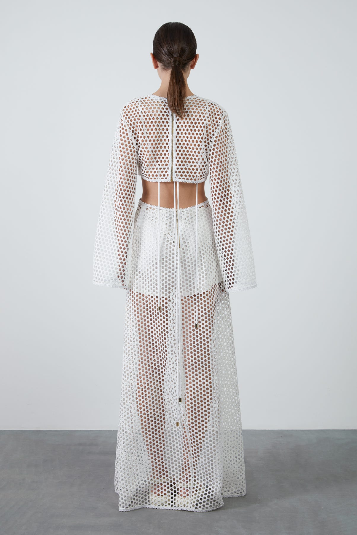 Pencere Detaylı Fileli Uzun Elbise