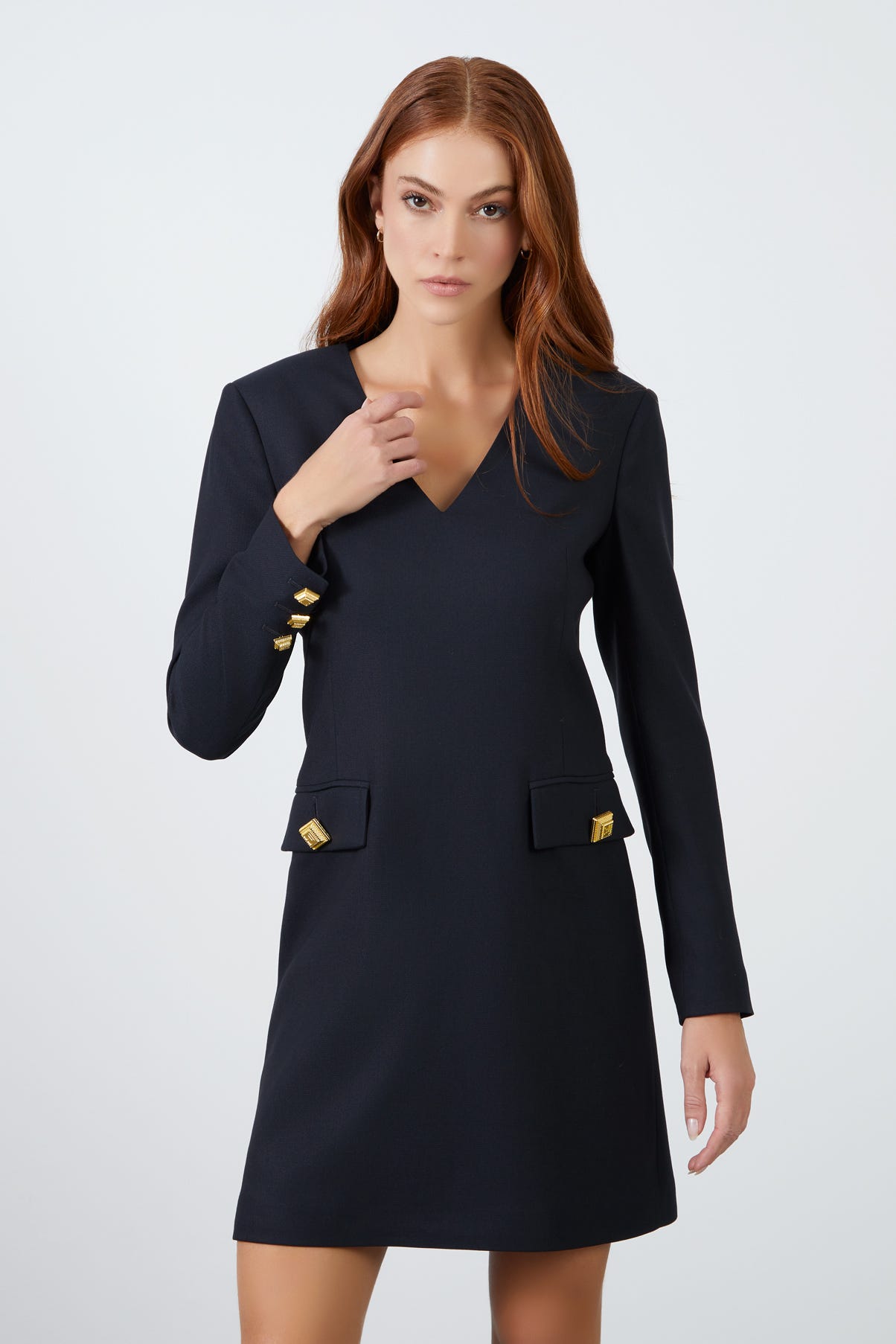 Uzun Kollu V Yakalı  Mini Elbise