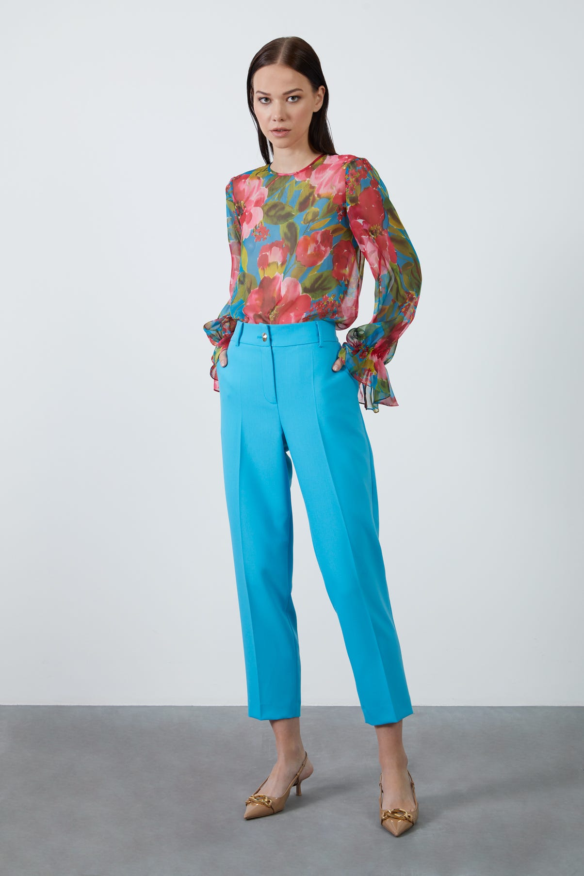 Metal Düğmeli Turkuaz Havuç Pantolon