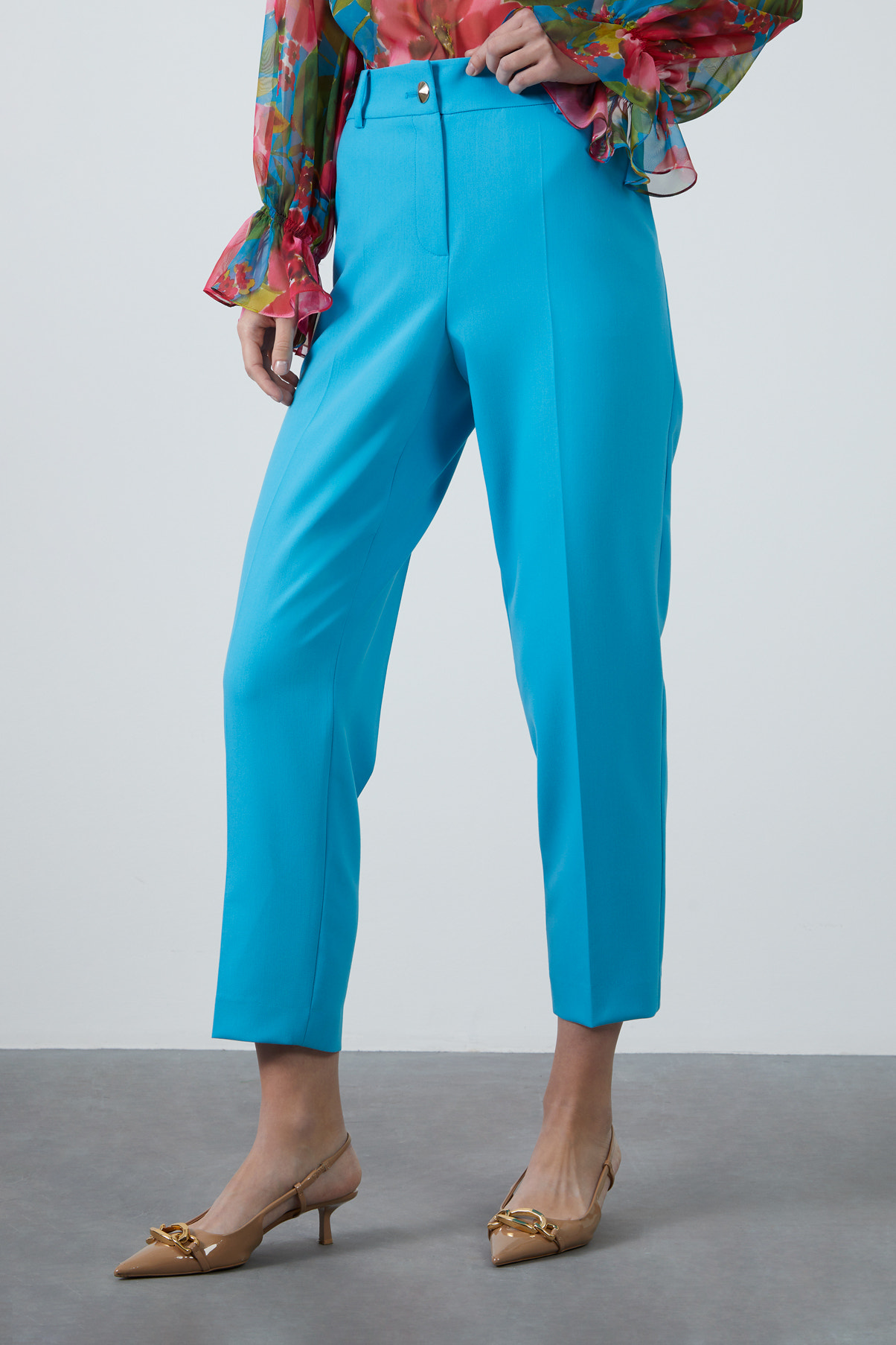 Metal Düğmeli Turkuaz Havuç Pantolon