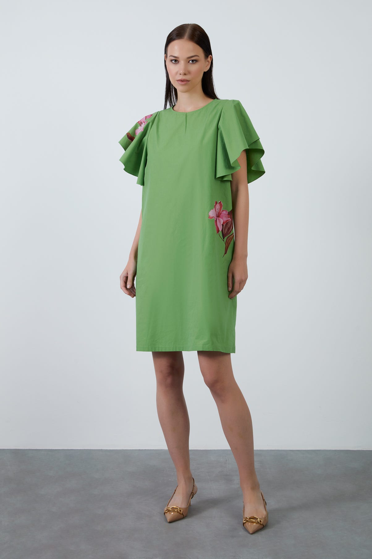 Çiçek Baskılı Koyu Rahat Kısa Elbise