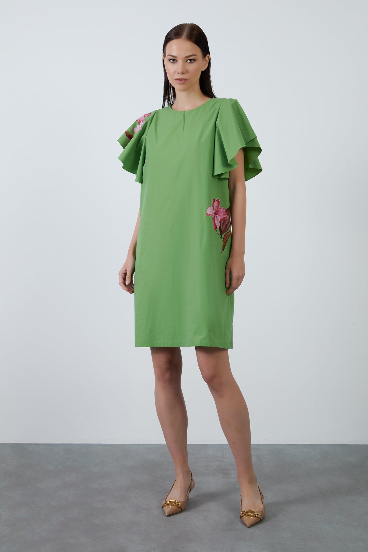 Çiçek Baskılı Koyu Rahat Kısa Elbise