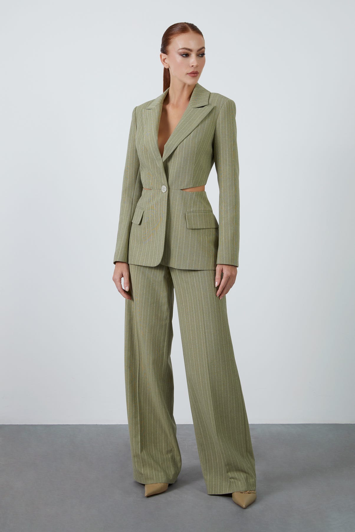 Bel Pencereli Palazzo Pantolonlu Haki Takım